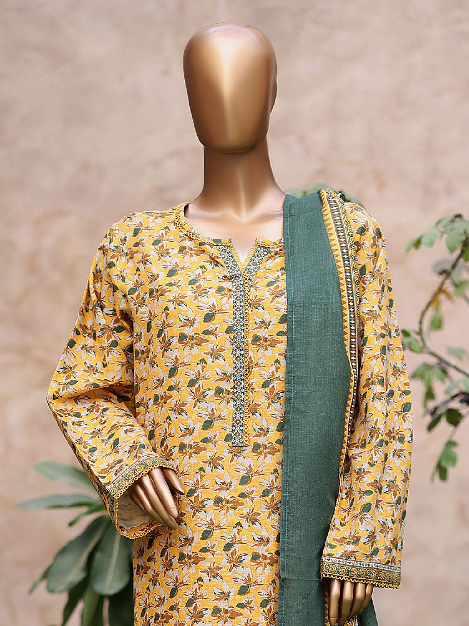 Bin Saeed Printed Khaddar 3-Piece Suit - Yellow