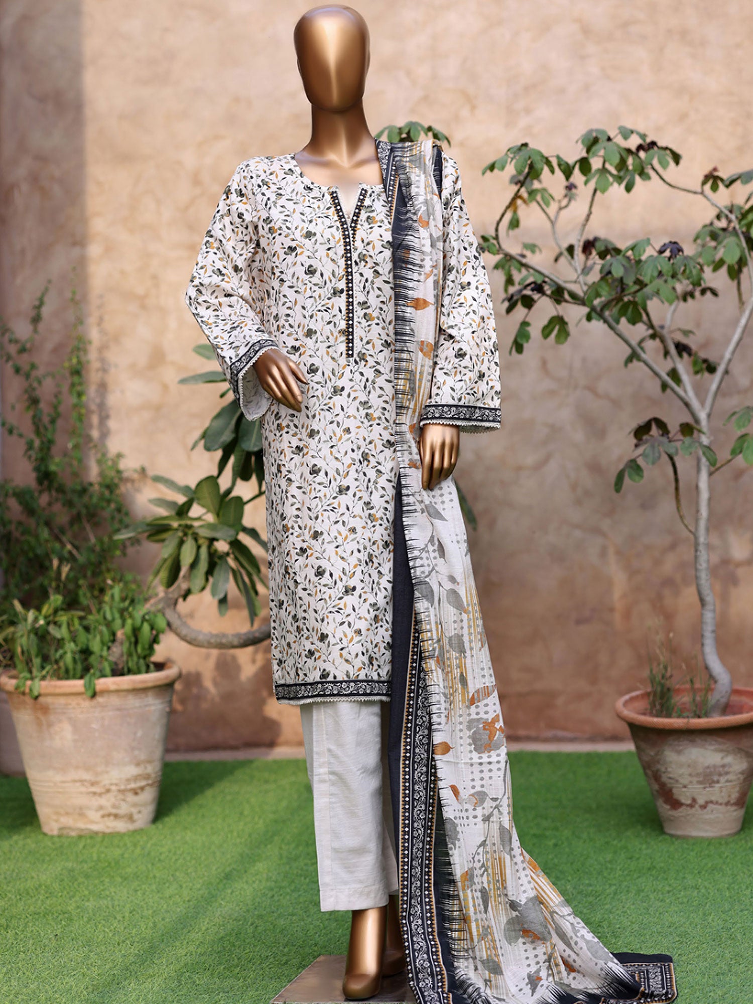 Bin Saeed Printed Khaddar 3-Piece Suit - White