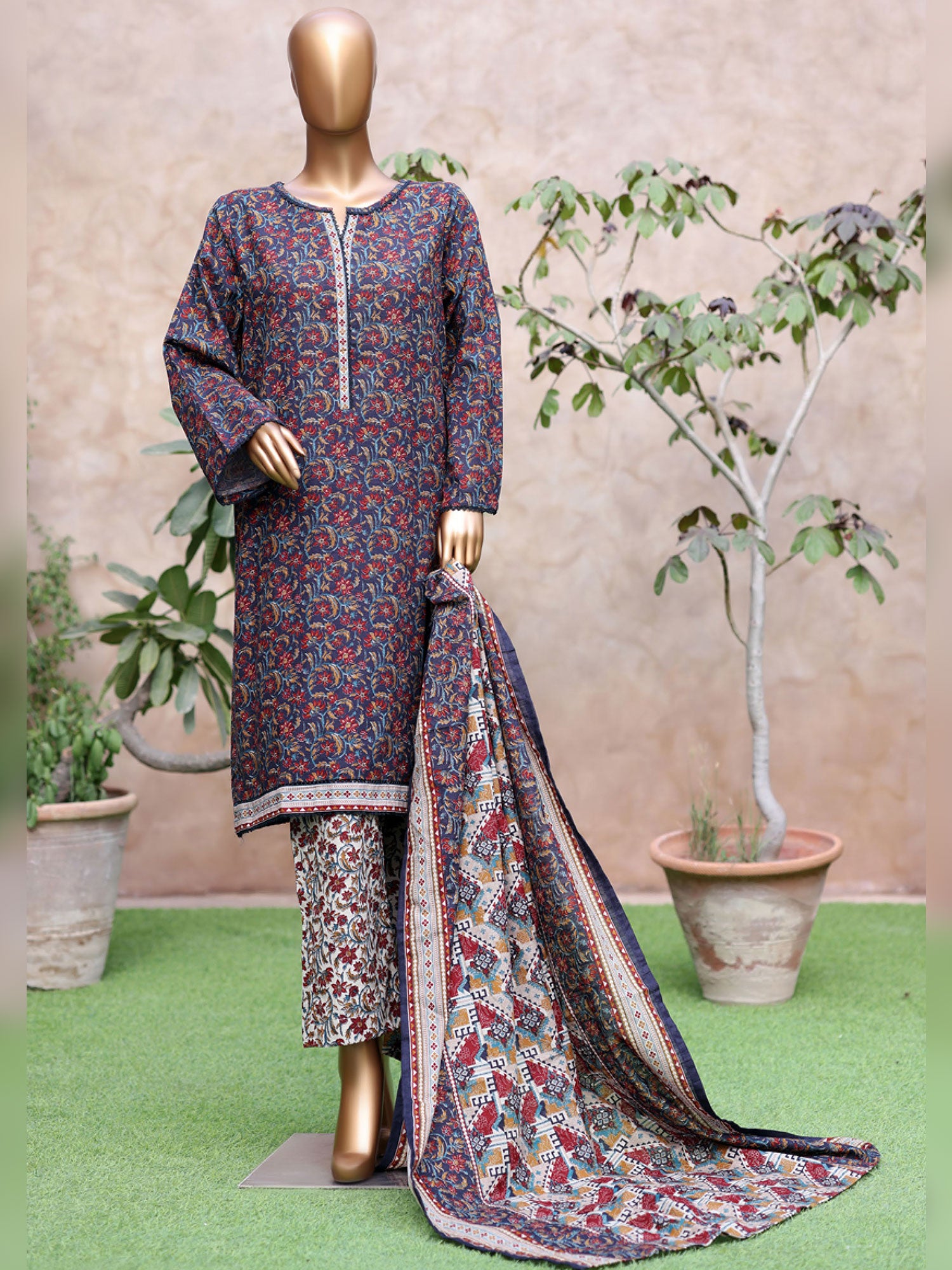 Bin Saeed Printed Khaddar 3-Piece Suit - Navy & Red