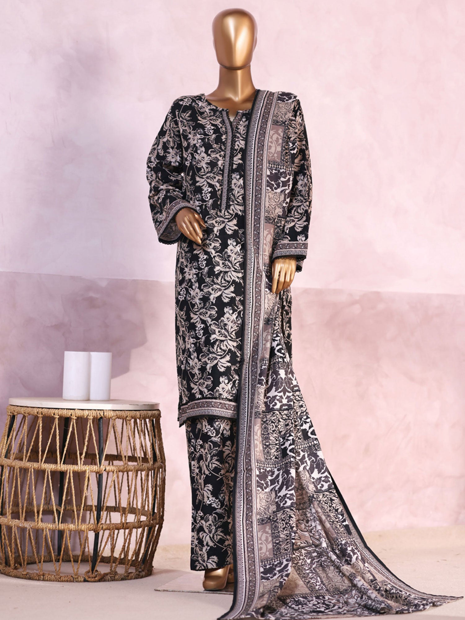 Bin Saeed Printed Khaddar 3-Piece Suit - Black & Beige