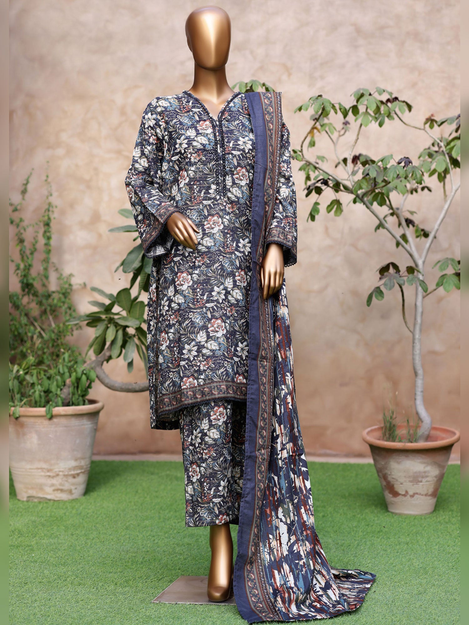 Bin Saeed Printed Khaddar 3-Piece Suit - Teal Floral