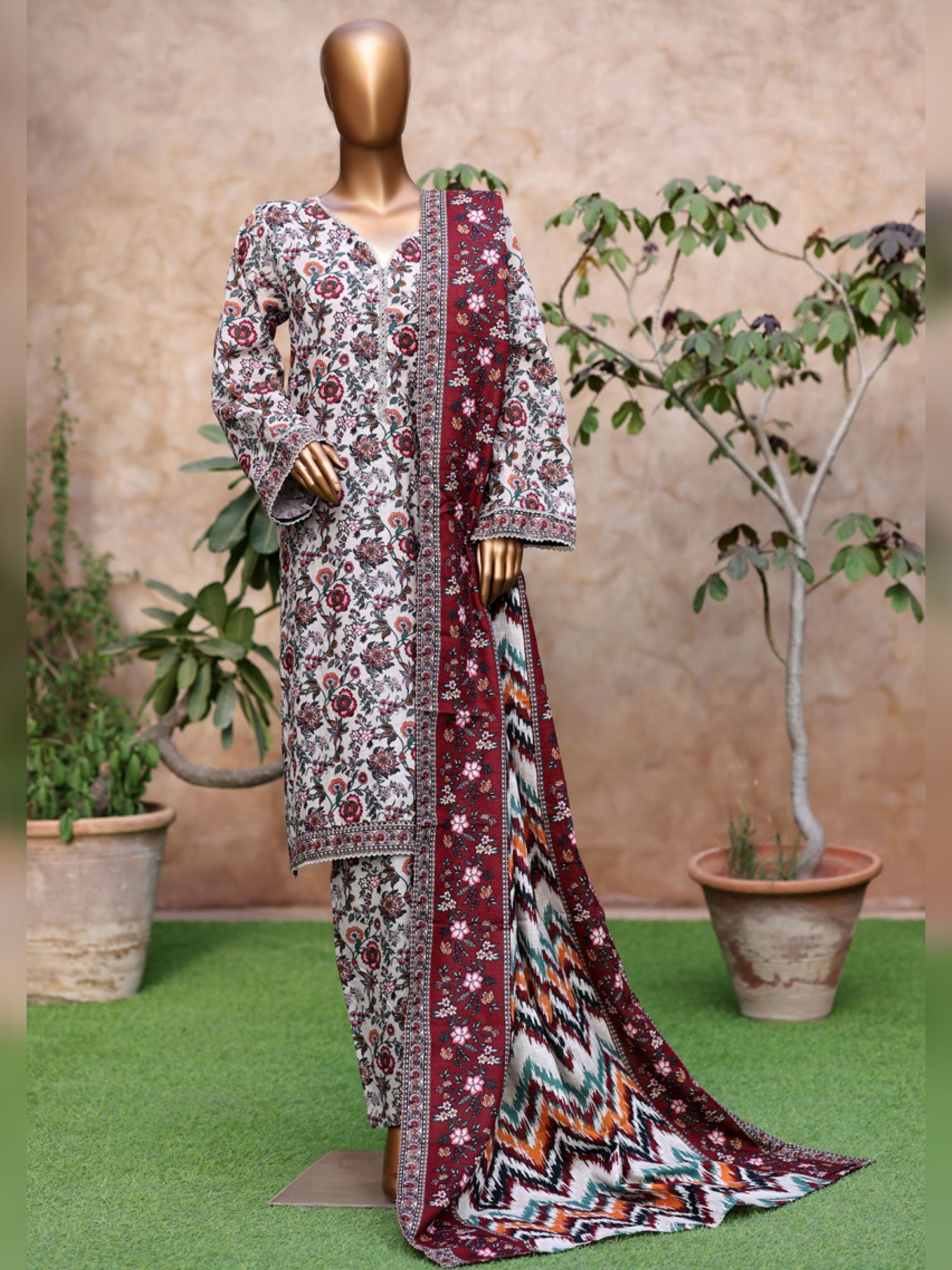 Bin Saeed Printed Khaddar 3-Piece Suit - White & Red