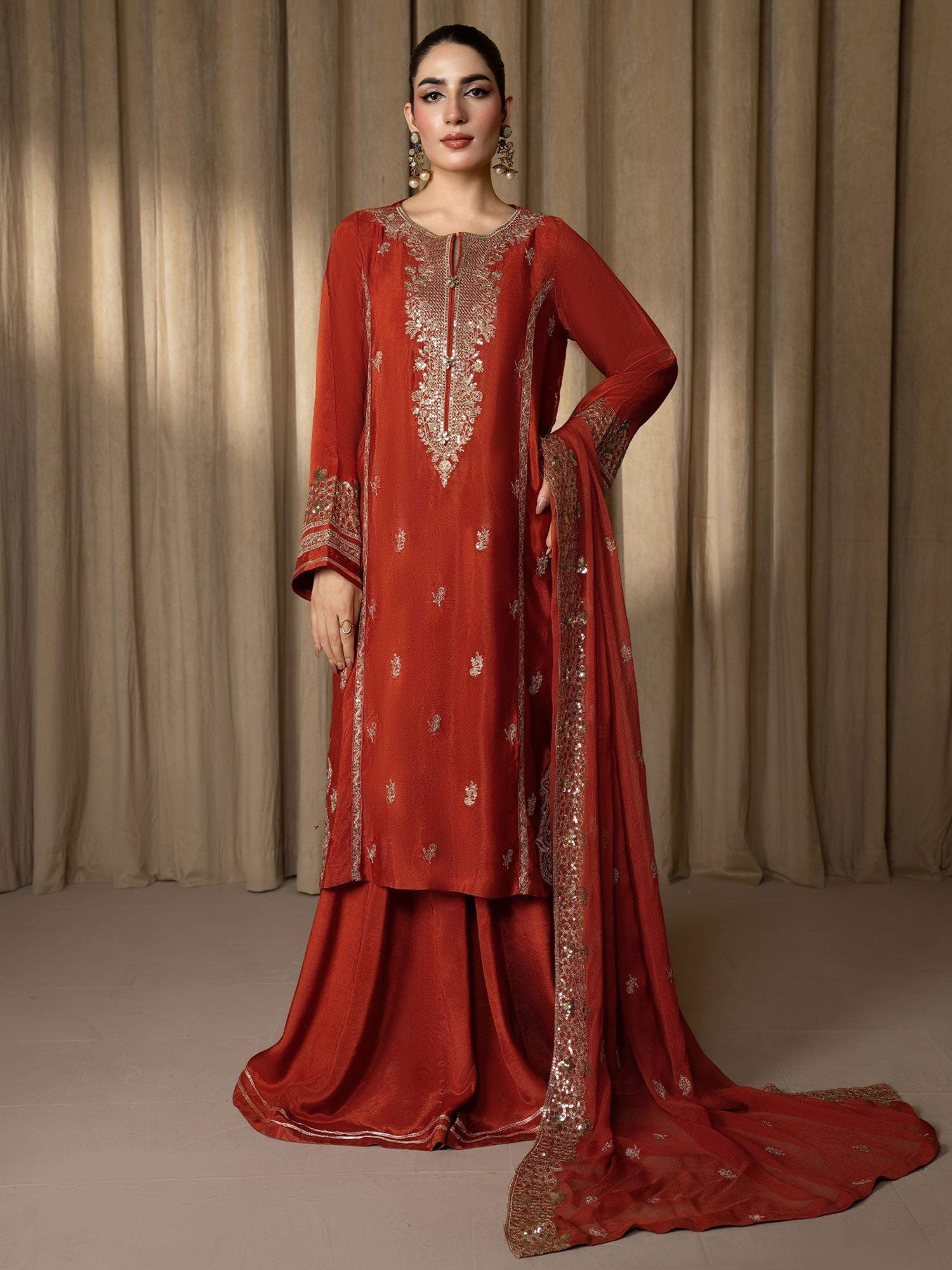 SIFA Rust Embroidered Silk 3-Piece Suit with Sharara