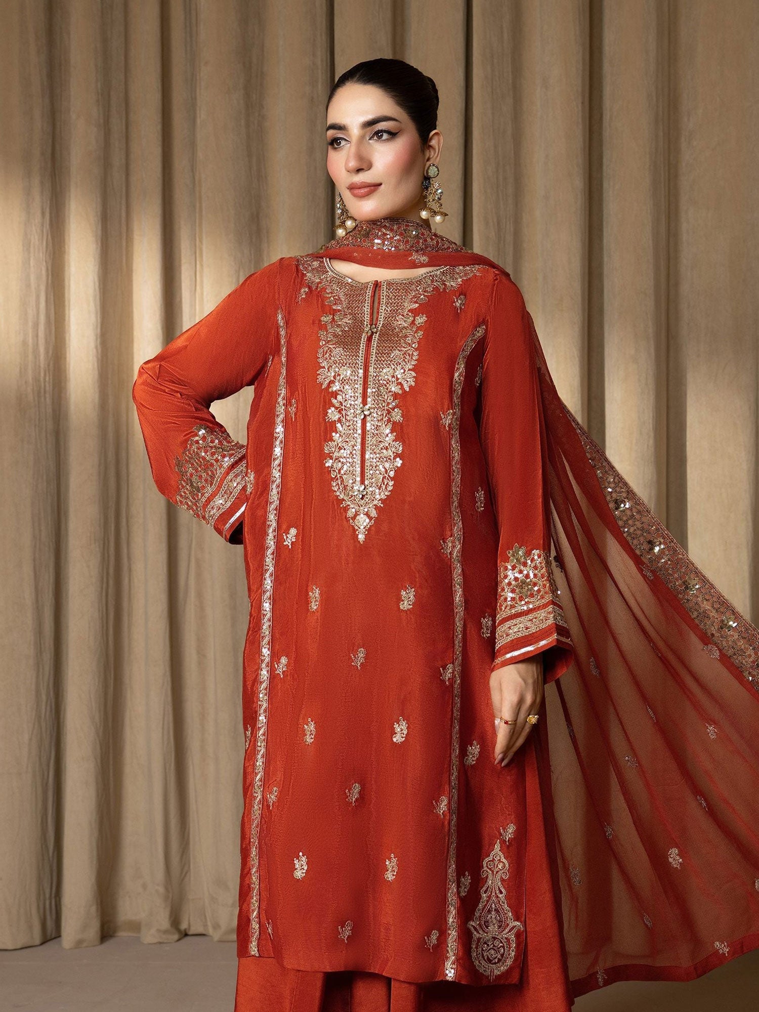 SIFA Rust Embroidered Silk 3-Piece Suit with Sharara