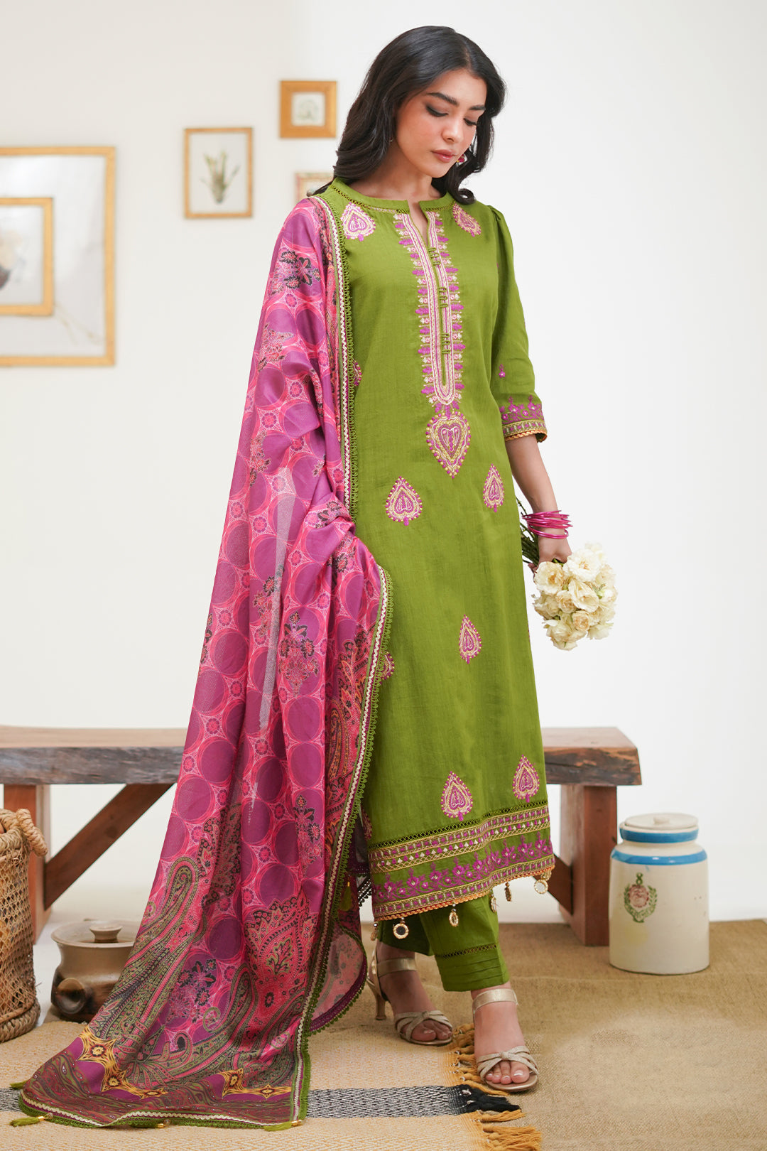 Zellbury Unstitched Embroidered Cambric 3-Piece Suit - Moss Green