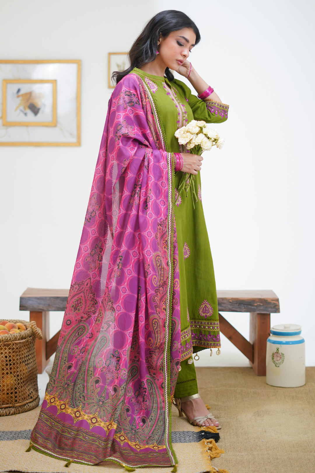 Zellbury Unstitched Embroidered Cambric 3-Piece Suit - Moss Green