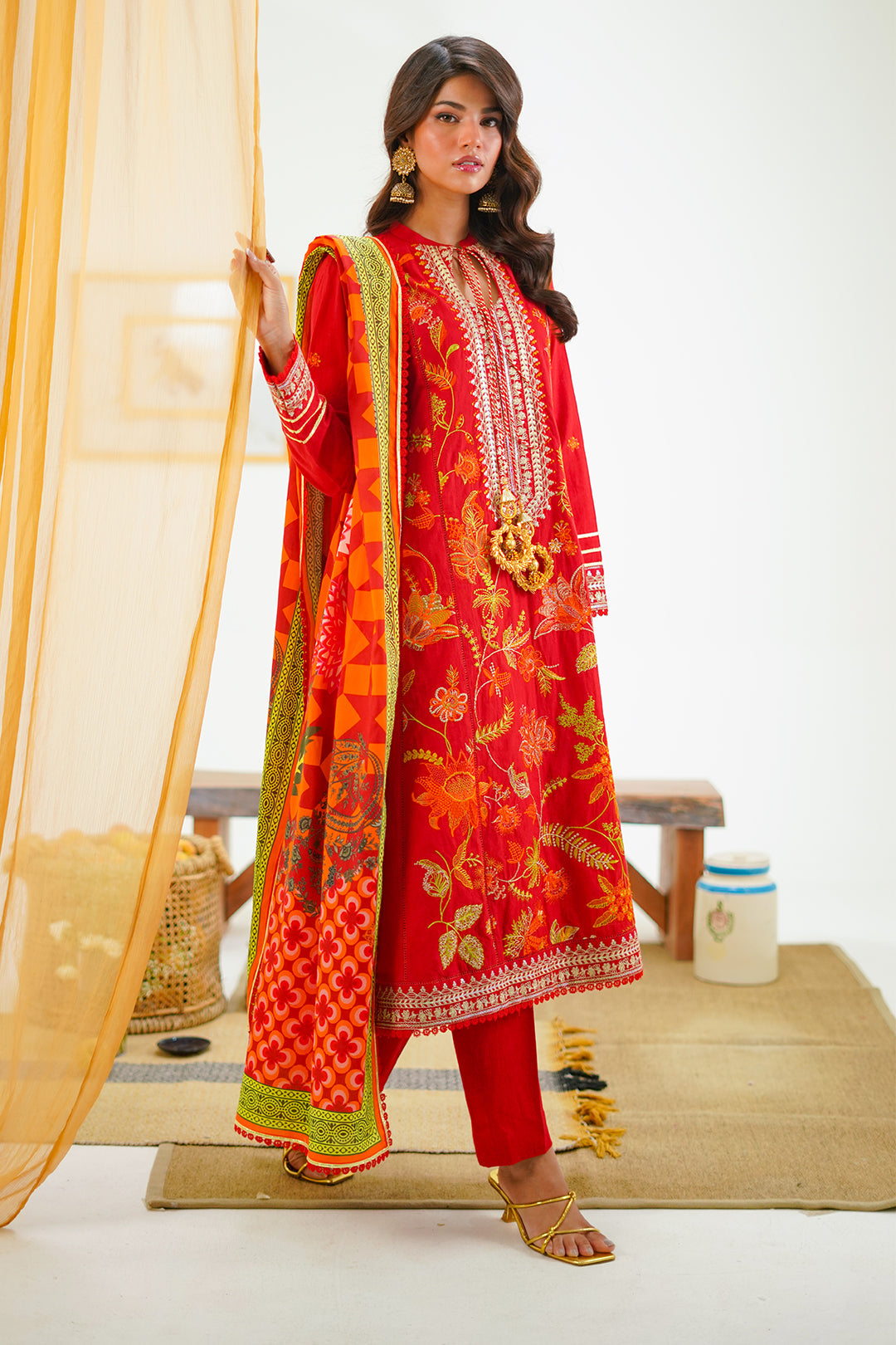 Zellbury Unstitched Embroidered Cambric 3-Piece Suit - Scarlet Red