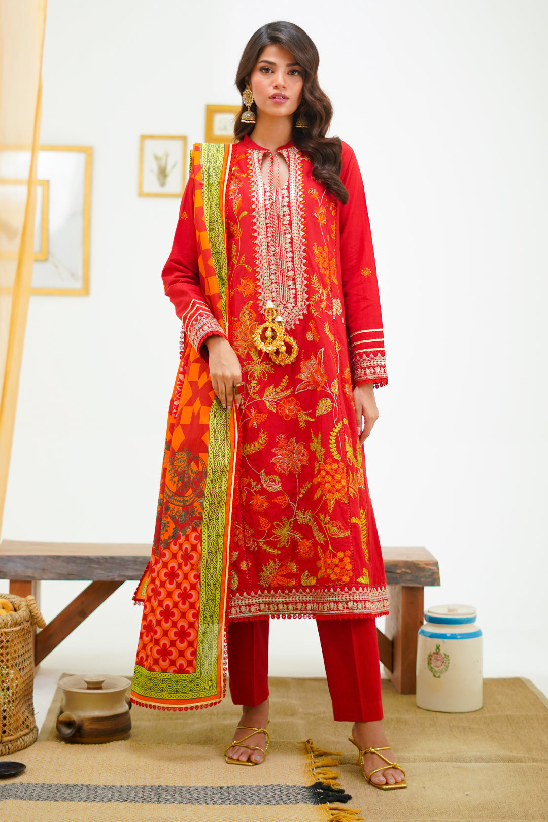 Zellbury Unstitched Embroidered Cambric 3-Piece Suit - Scarlet Red