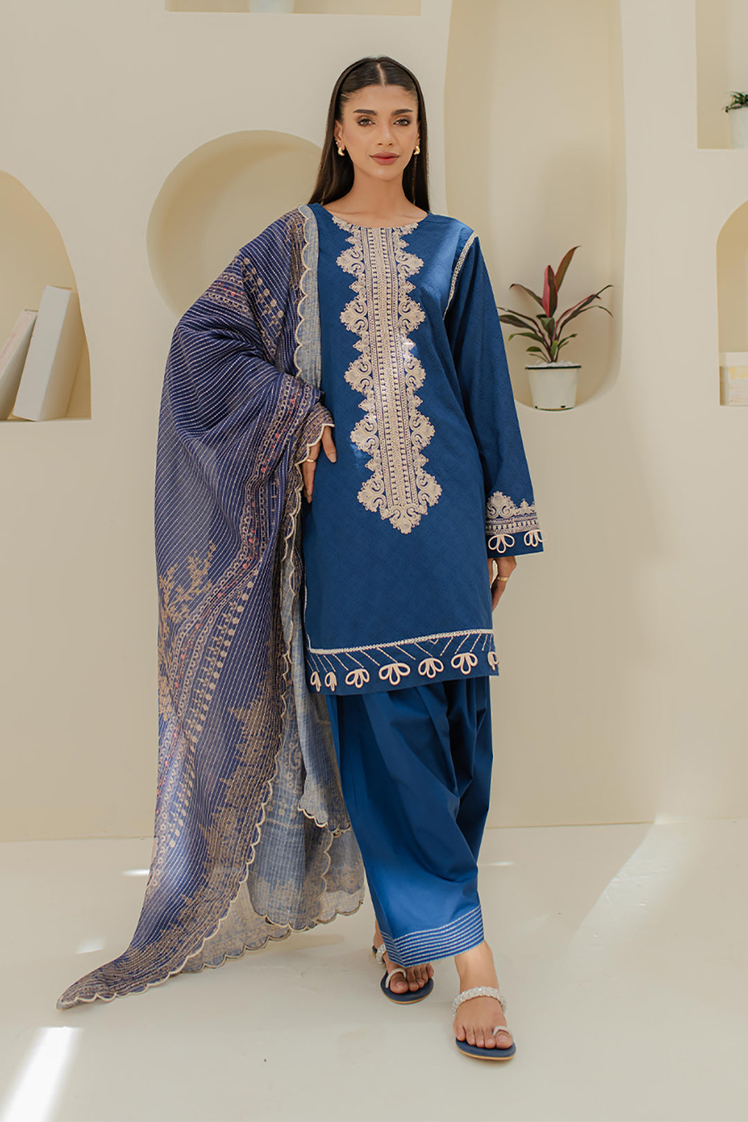 Zellbury Unstitched Embroidered Jacquard 3-Piece Suit - Blue