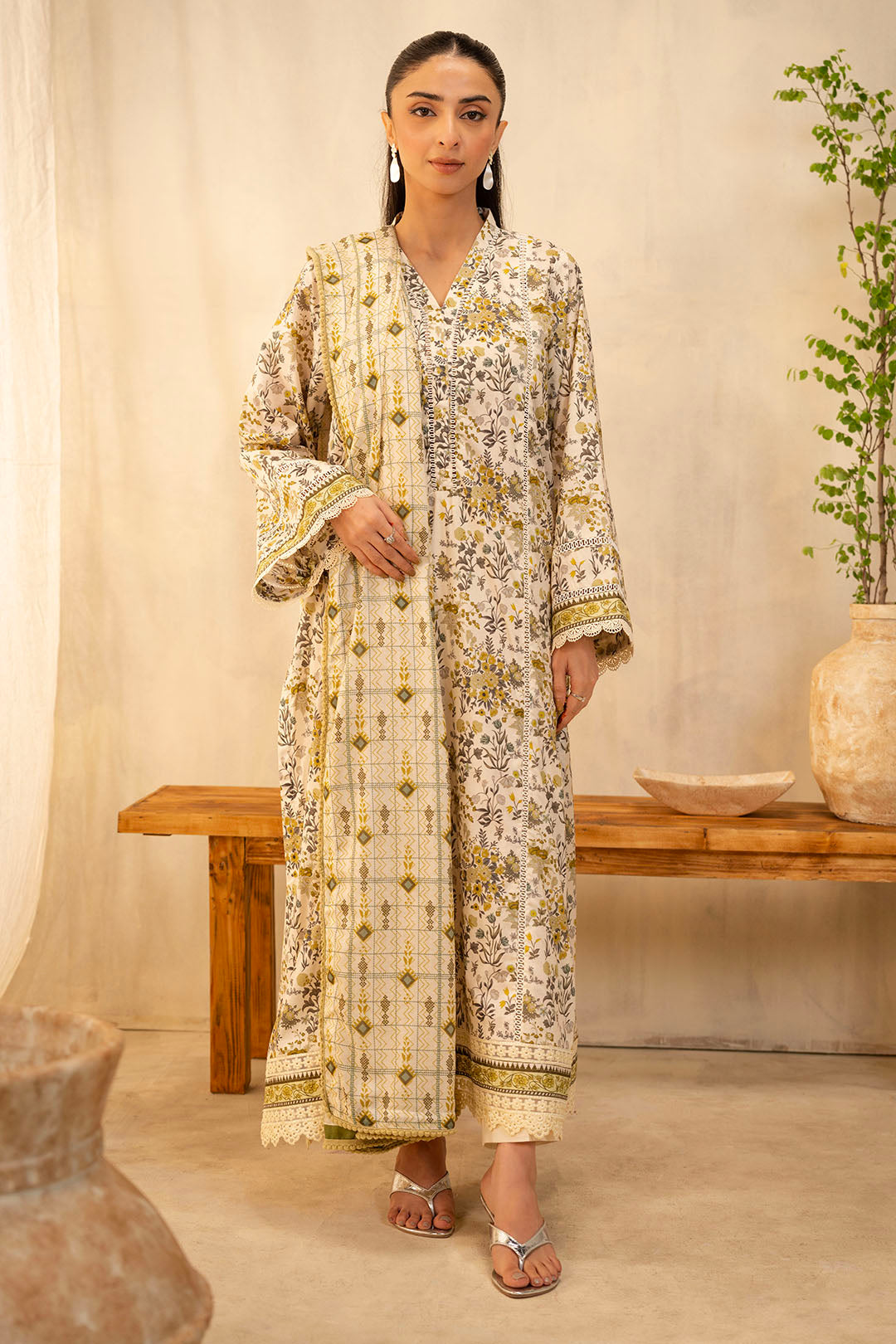 Zellbury Unstitched Printed Lawn 2-Piece Suit - Off-White