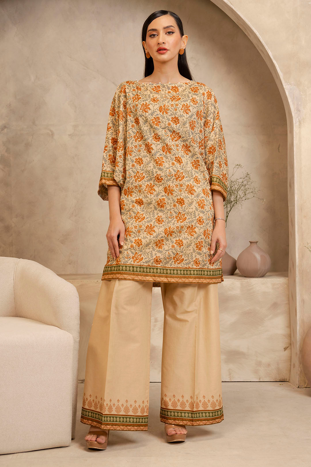 Zellbury Unstitched Printed Lawn 2-Piece Suit - Beige