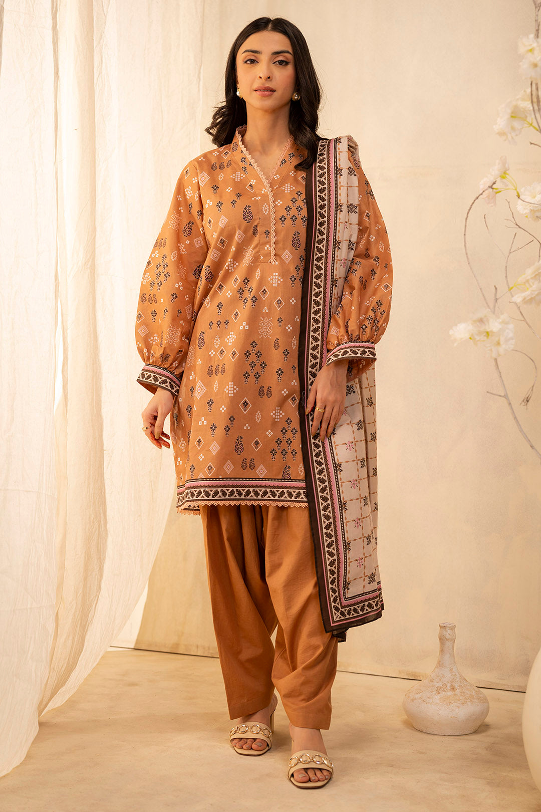 Zellbury Unstitched Textured Lawn 3-Piece Suit - Brown
