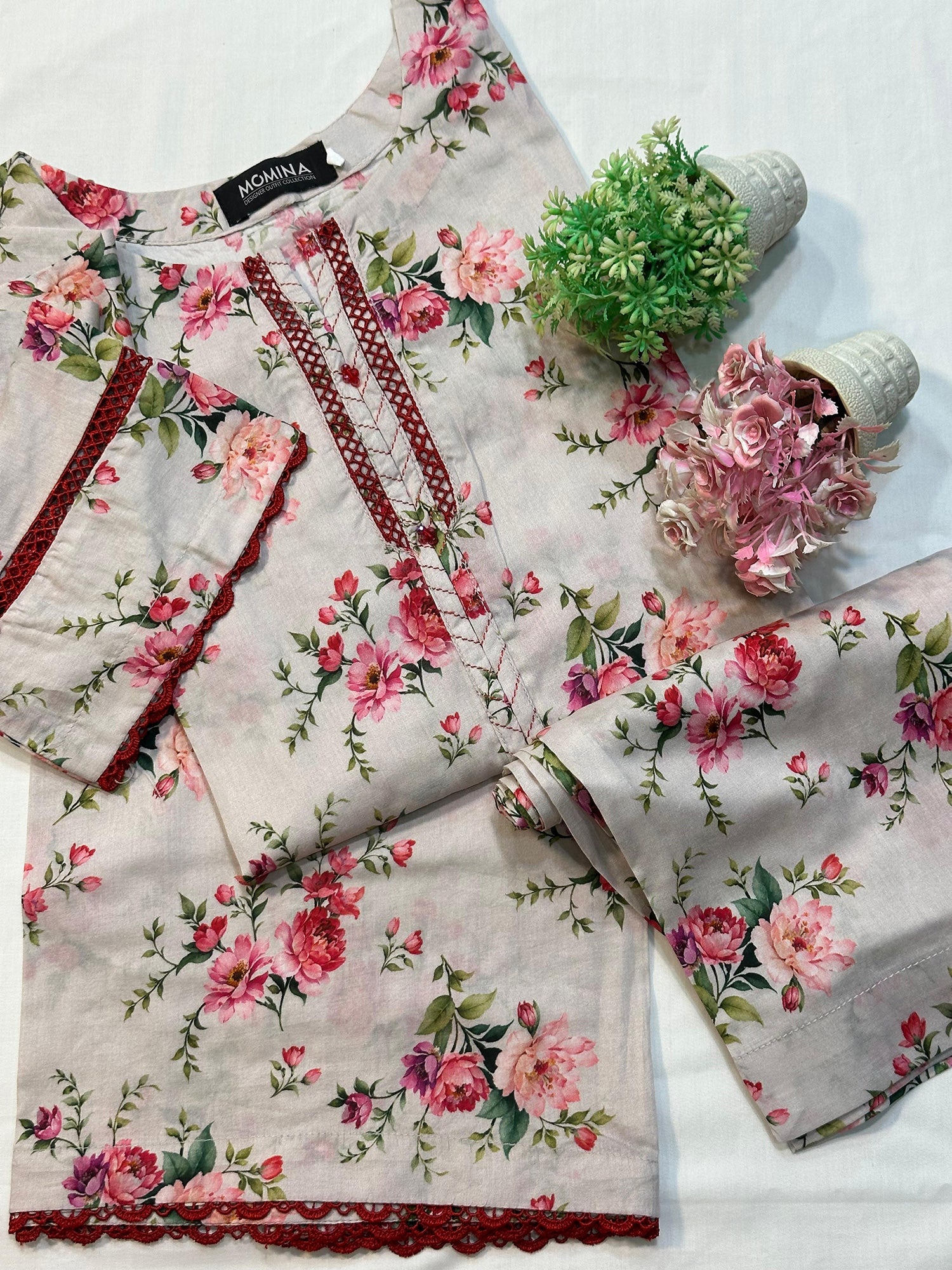 Light Beige & Maroon Casual Printed Lawn 2-Piece Suit
