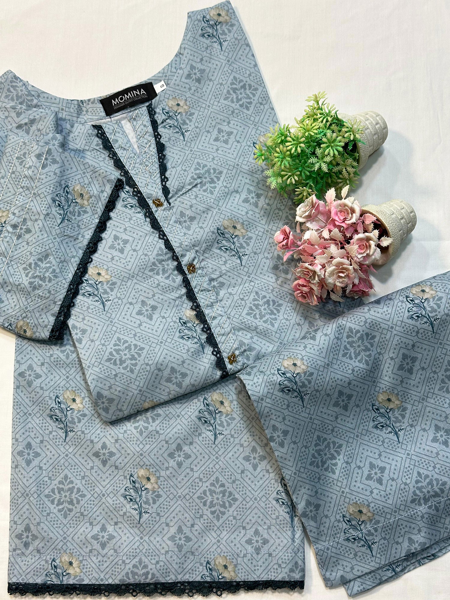 Blue-Grey Casual Printed Lawn 2-Piece Suit