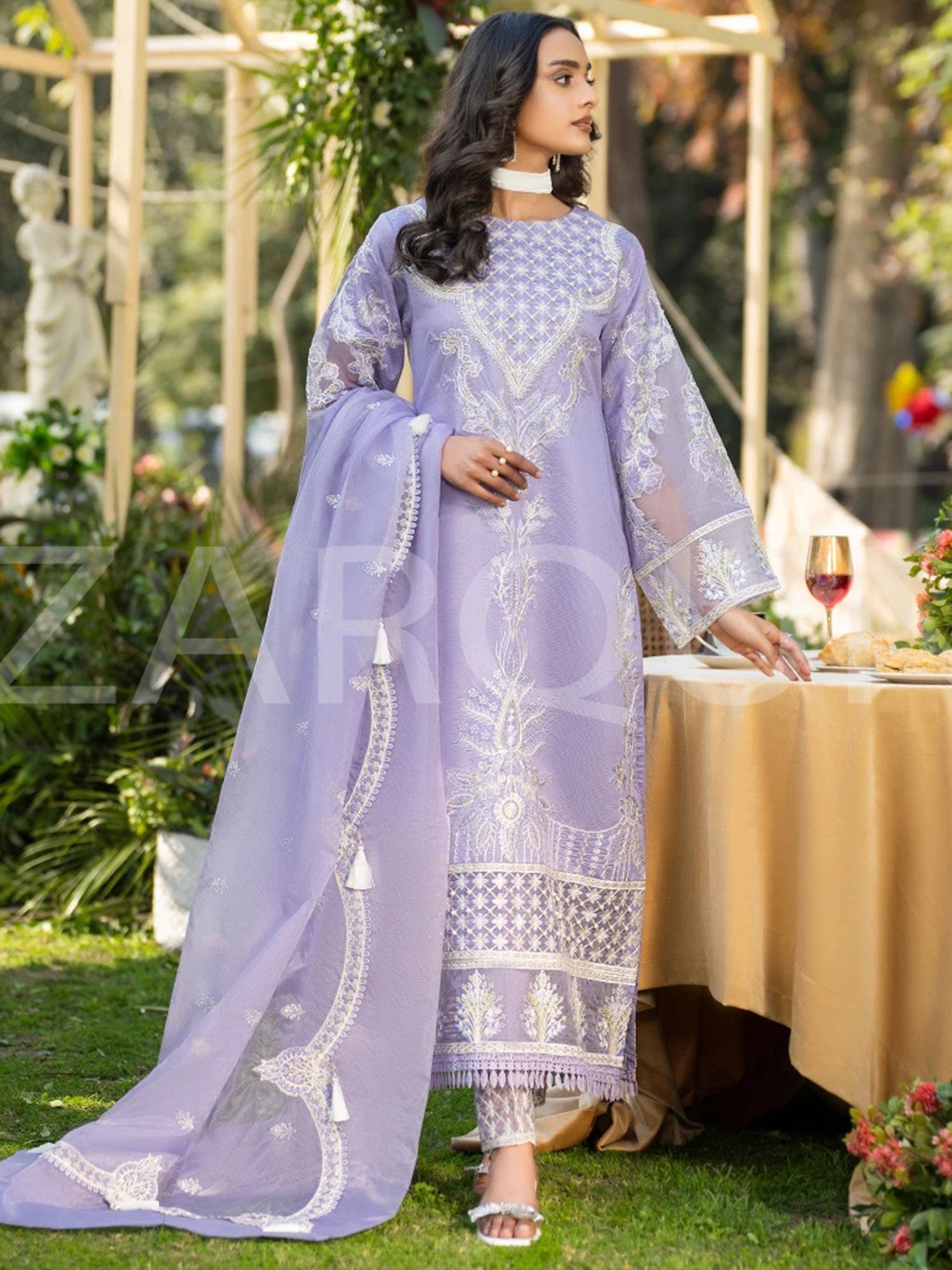 Zarqun Lilac Embroidered Luxury Khadi Cotton Suit 2416B