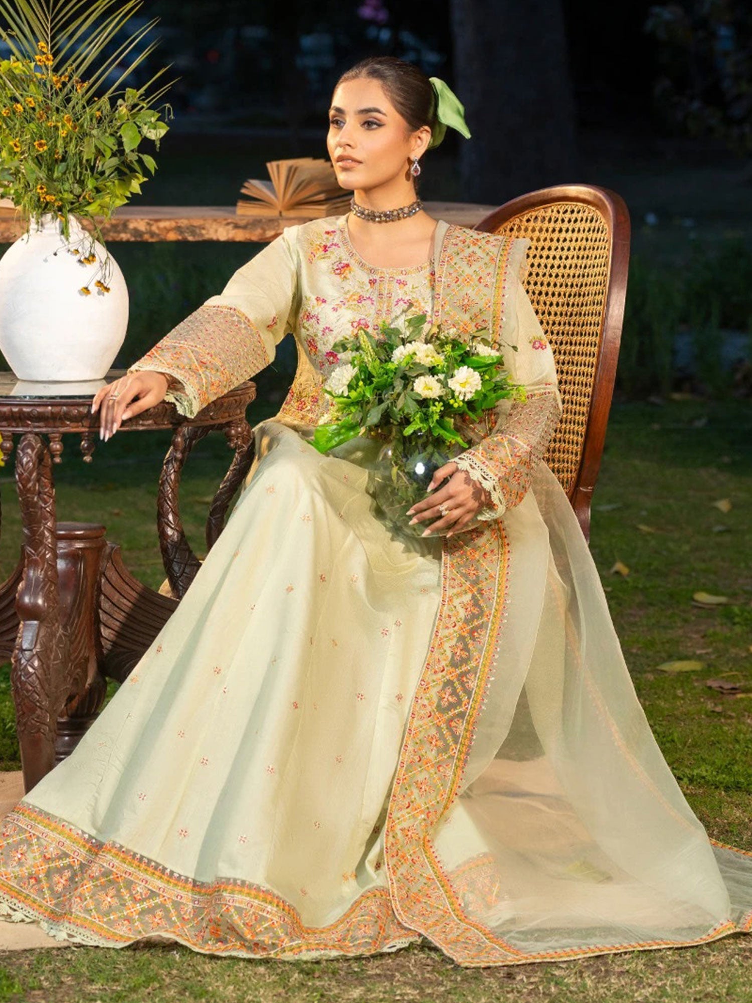 Zarqun Pistachio Embroidered Luxury Khadi Cotton Suit (2419B)