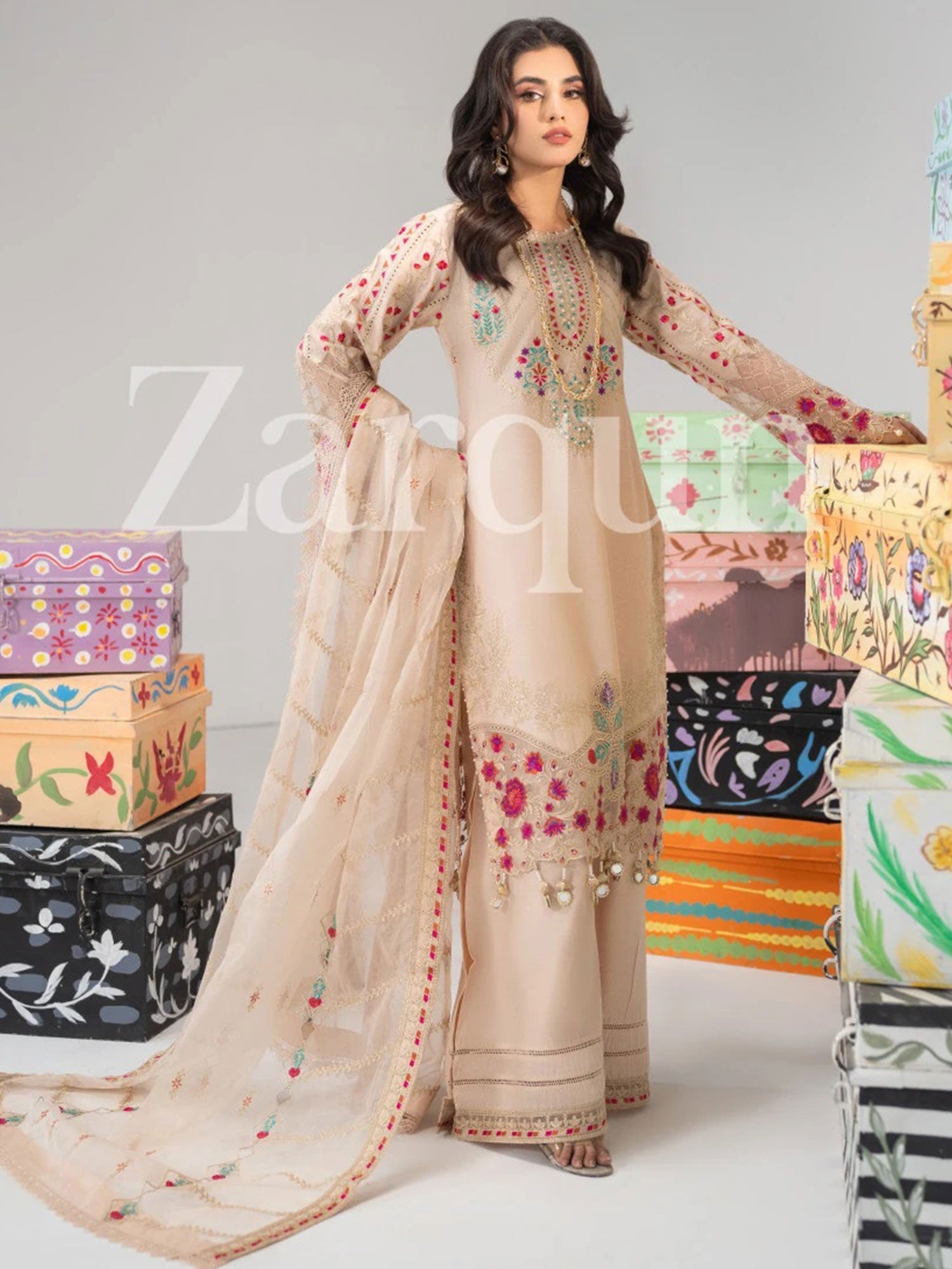 Zarqun Rosy Skin Embroidered Luxury Cotton Suit (2426A)