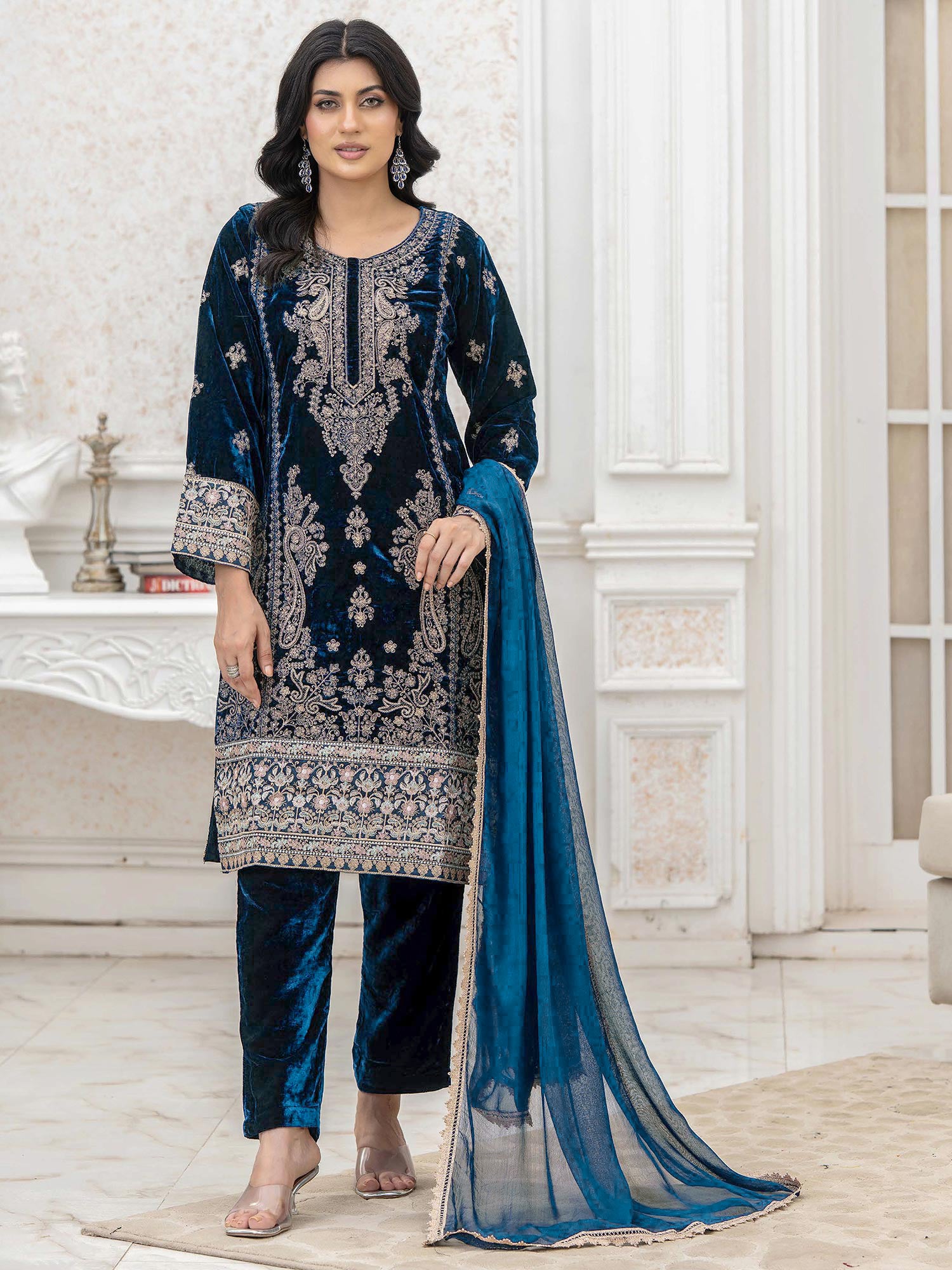Rangz Lux Velvet Embroidered 3-Piece Suit - Zinc