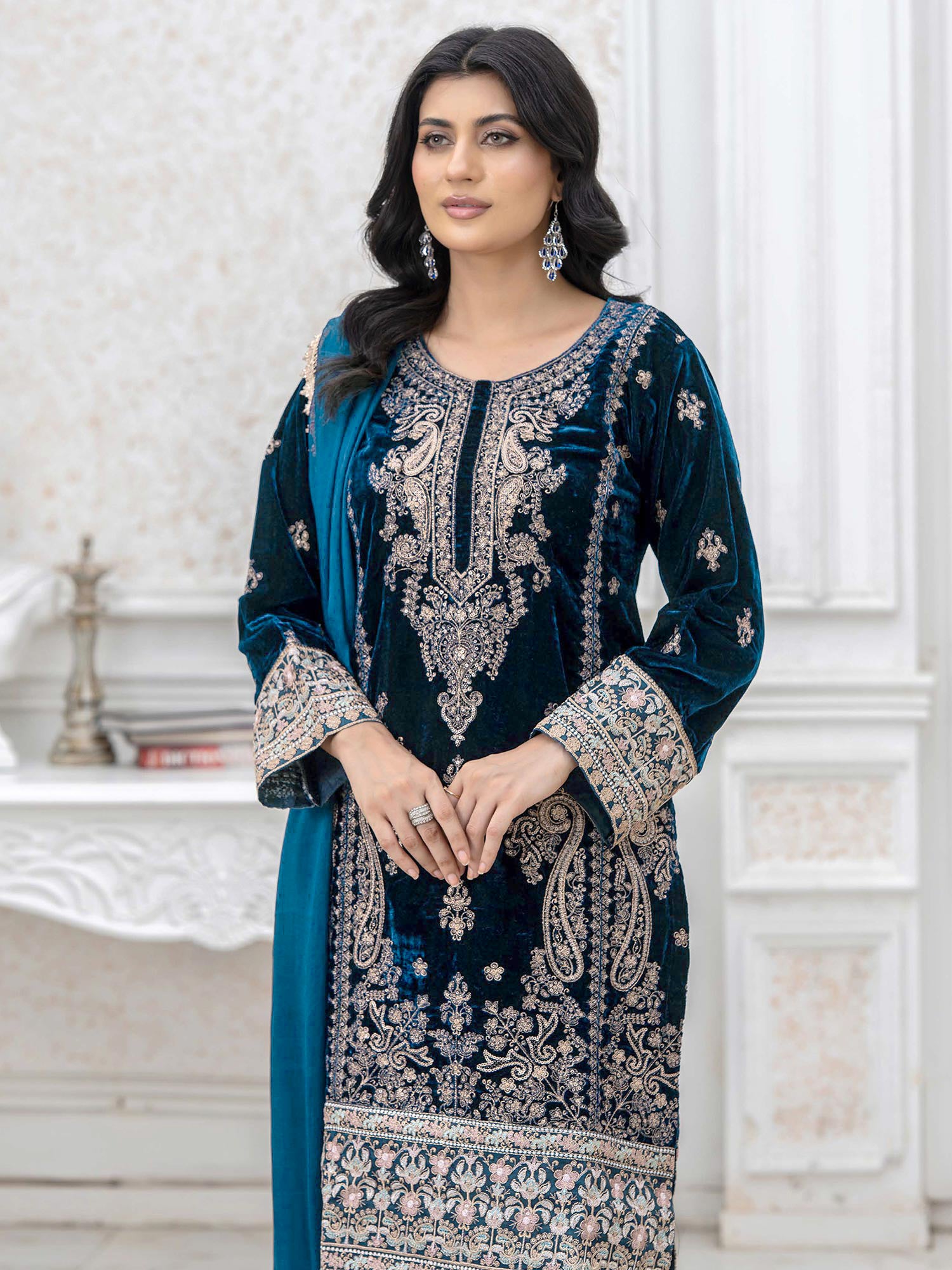 Rangz Lux Velvet Embroidered 3-Piece Suit - Zinc