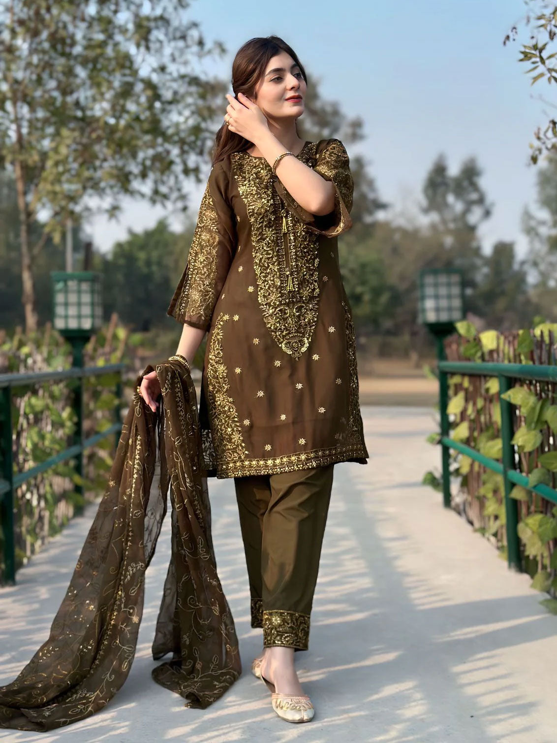 Olive Embroidered Chiffon Suit