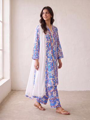 Cobalt blue linen printed suit - three-quarter view