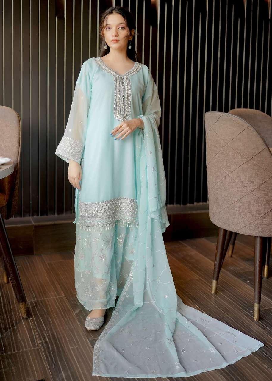 Sky Blue Embroidered Chiffon Suit with Gharara