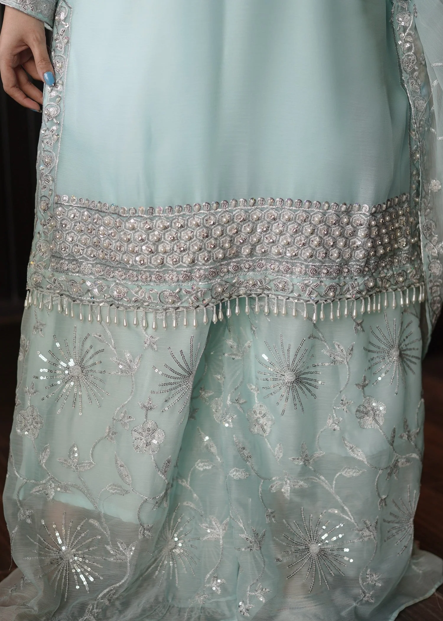 Sky Blue Embroidered Chiffon Suit with Gharara