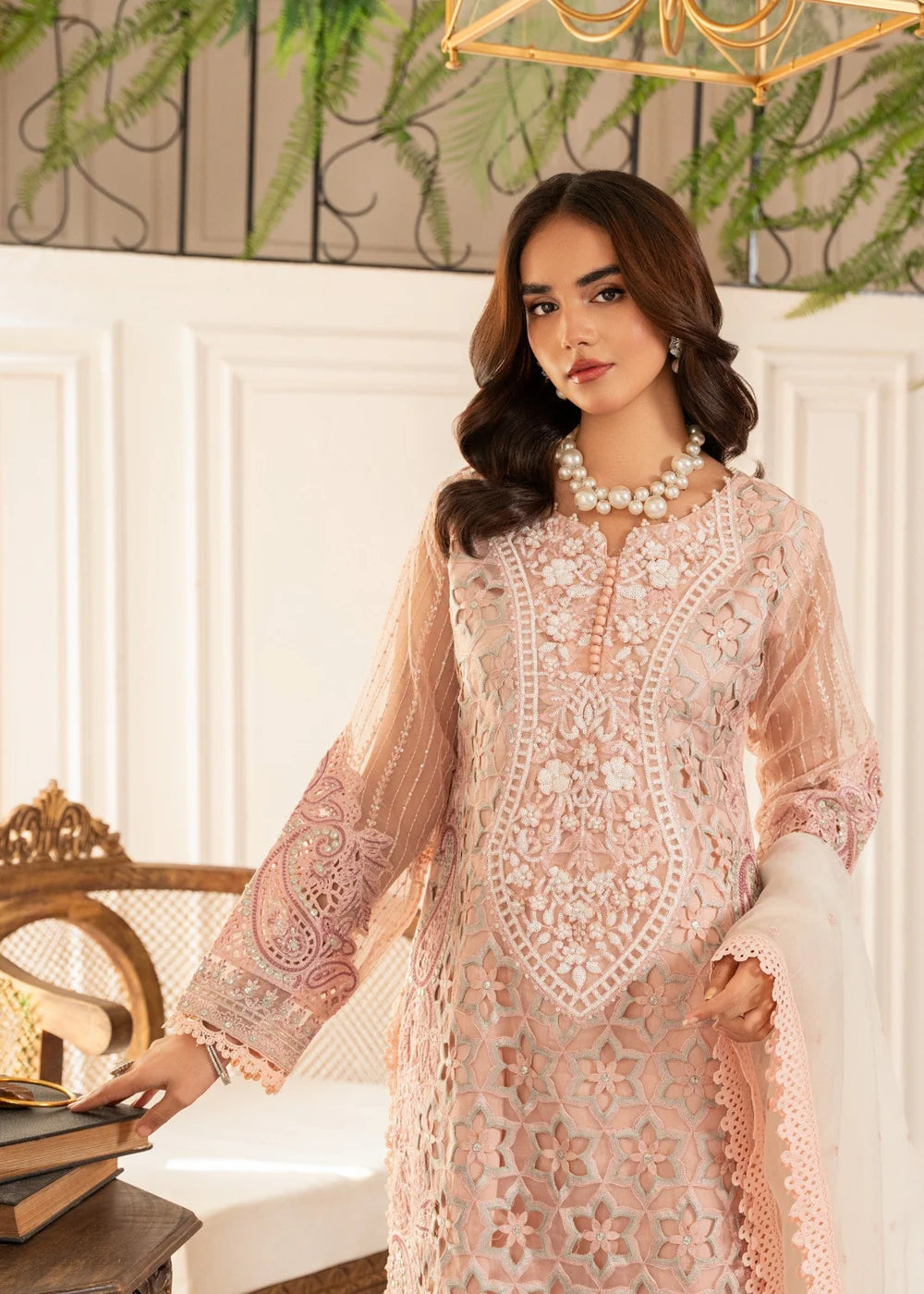 Ally's Pink Embroidered Organza 3-Piece Suit (AL3992)