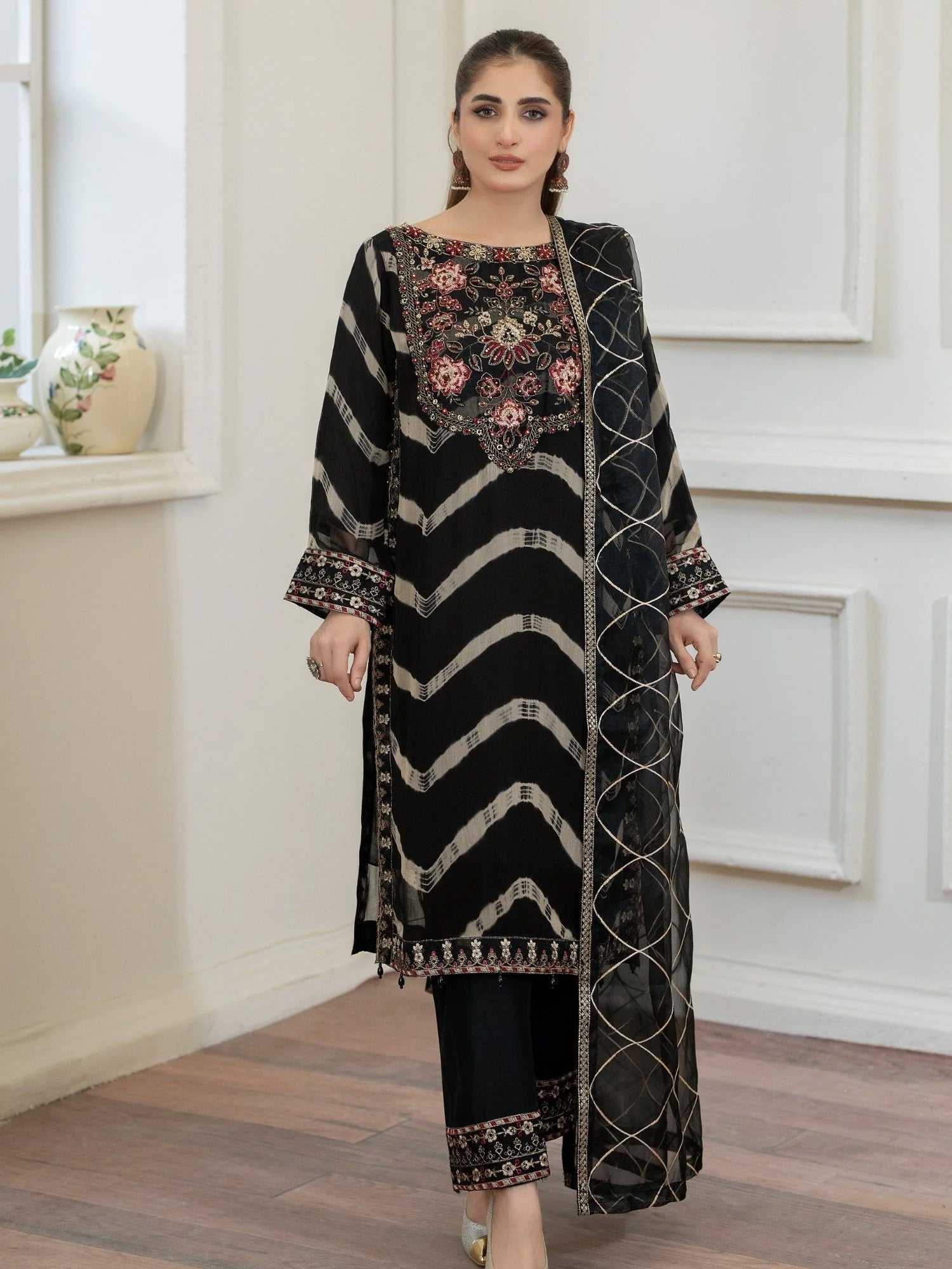 Black Sand Luxury Embroidered Chiffon Suit