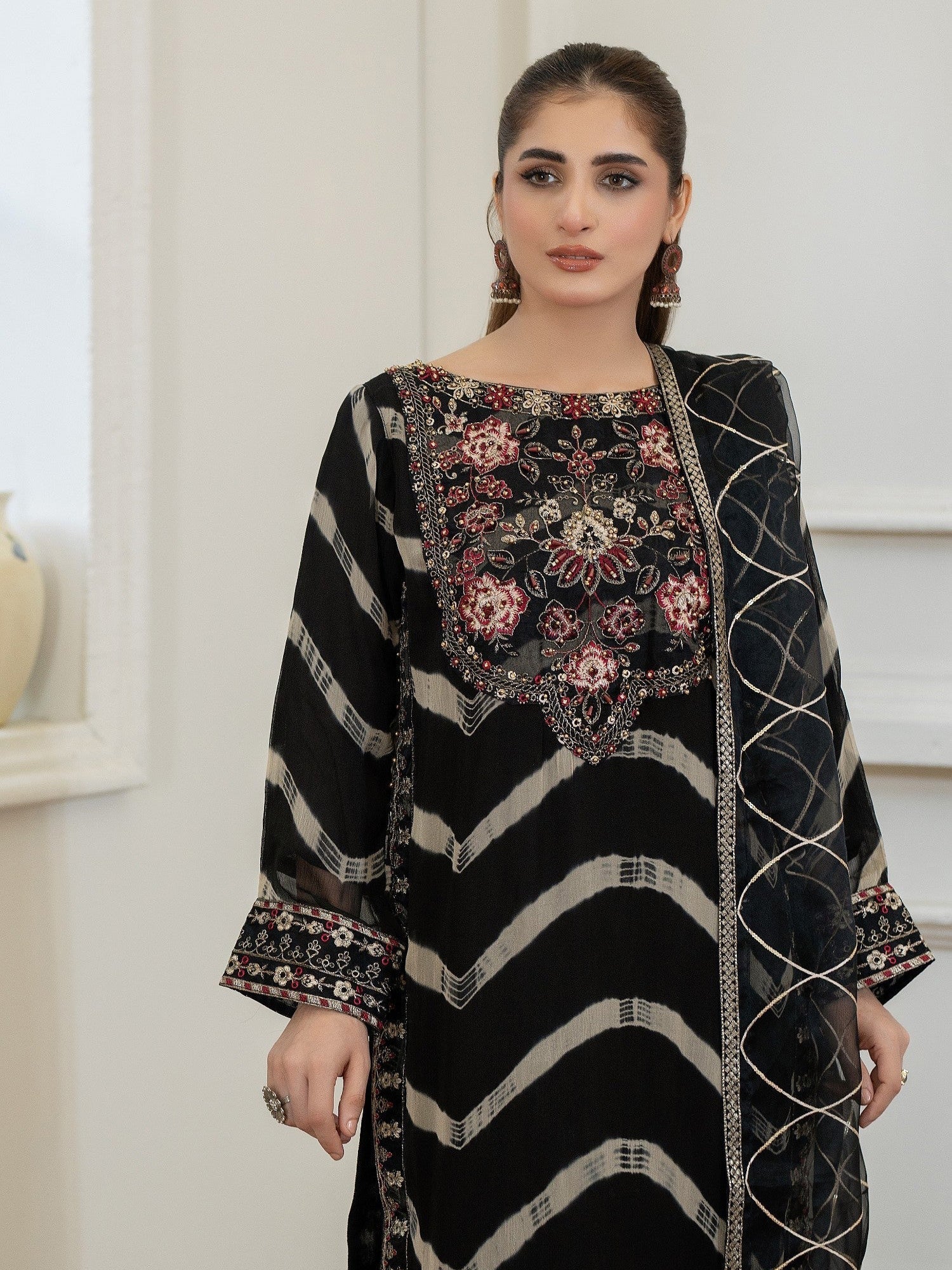 Black Sand Luxury Embroidered Chiffon Suit