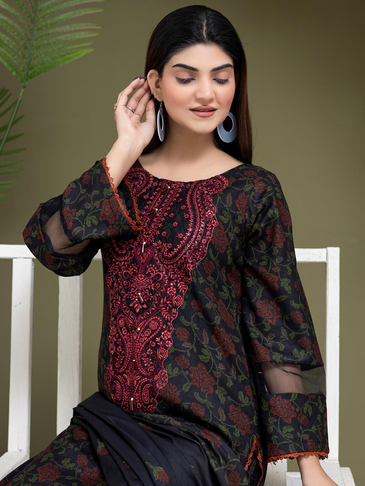 Rangz Black & Red Dhanak Suit with Shawl