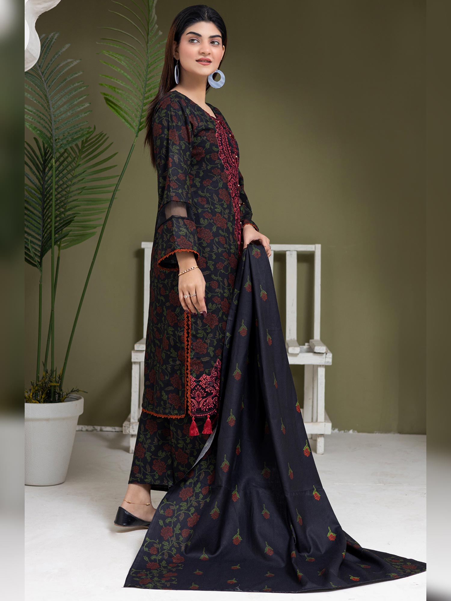 Rangz Black & Red Dhanak Suit with Shawl