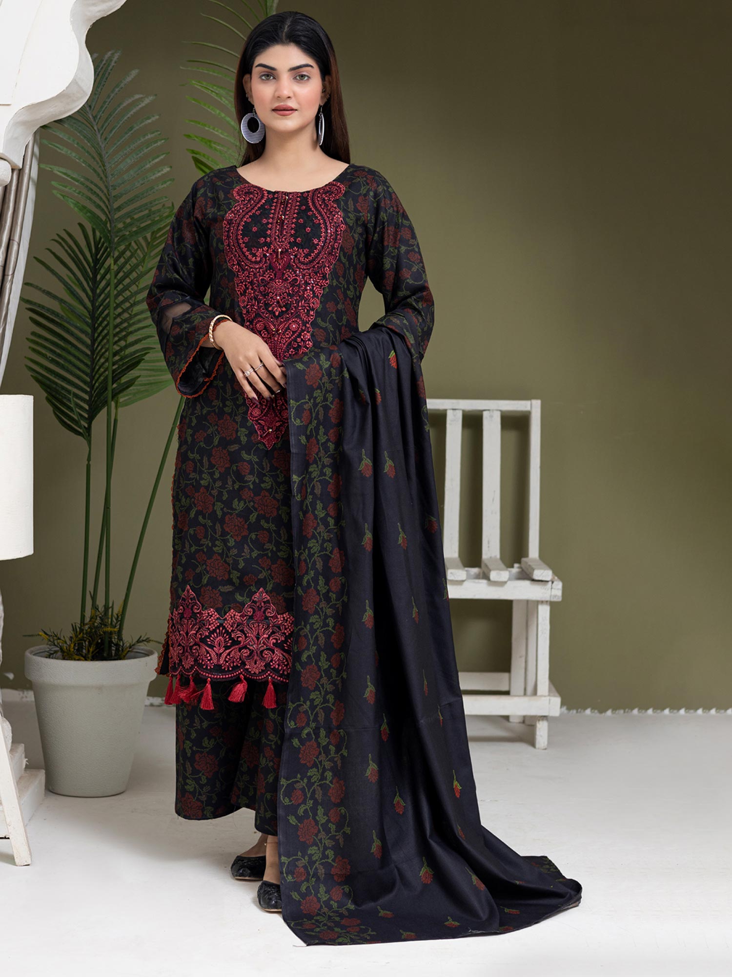 Rangz Black & Red Dhanak Suit with Shawl