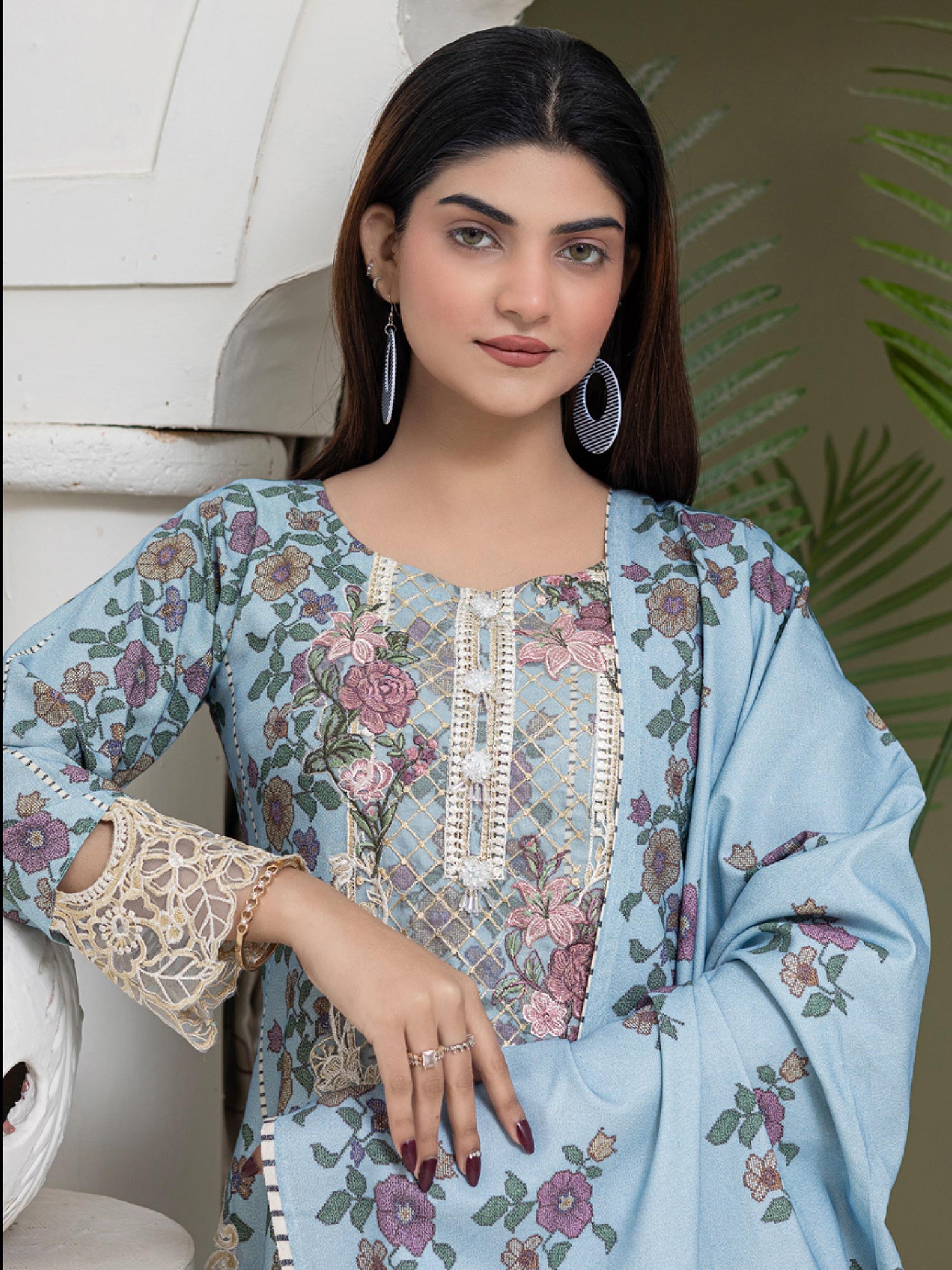 Rangz Light Blue Dhanak Suit with Shawl