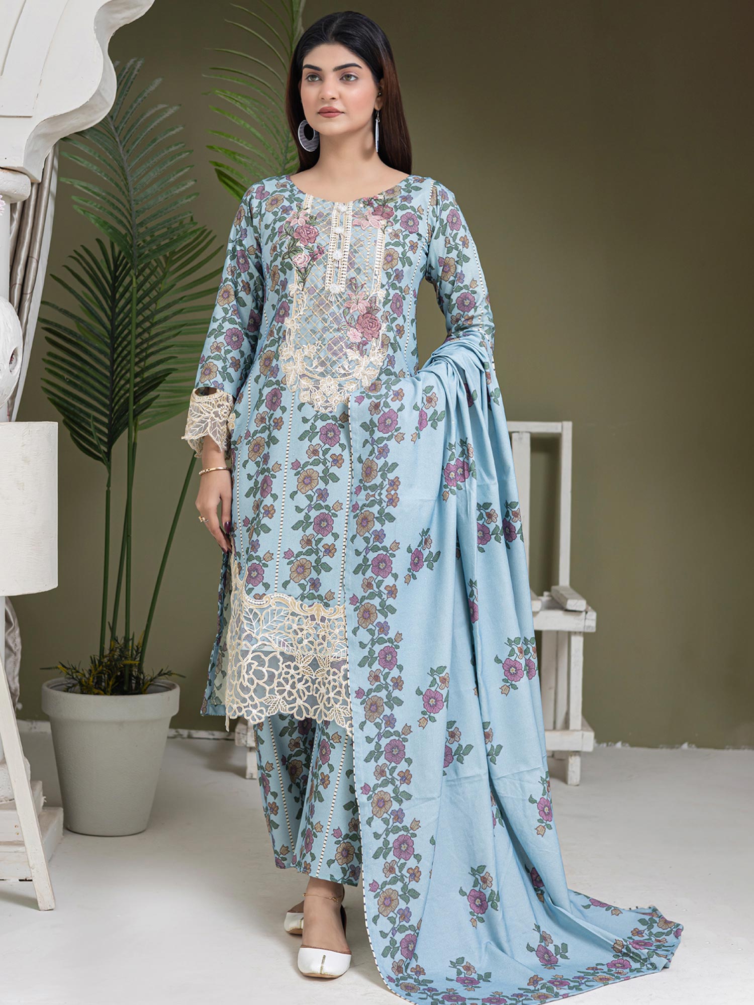 Rangz Light Blue Dhanak Suit with Shawl