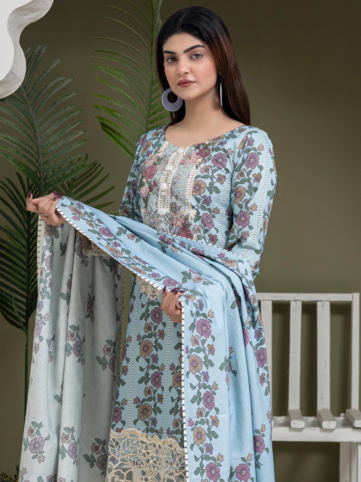 Rangz Light Blue Dhanak Suit with Shawl
