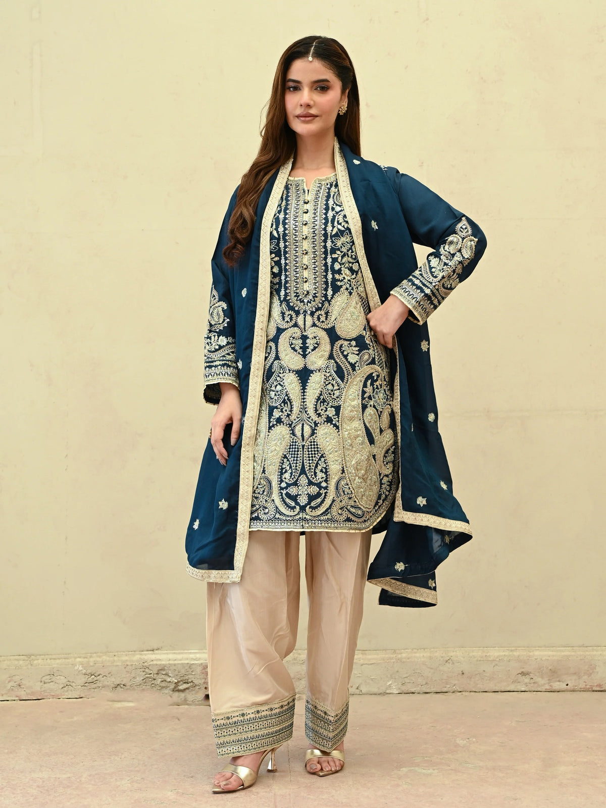 Deep Teal Embroidered Raw Silk 3-Piece Suit (D06)