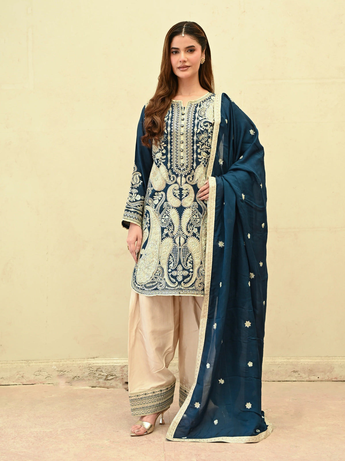 Deep Teal Embroidered Raw Silk 3-Piece Suit (D06)
