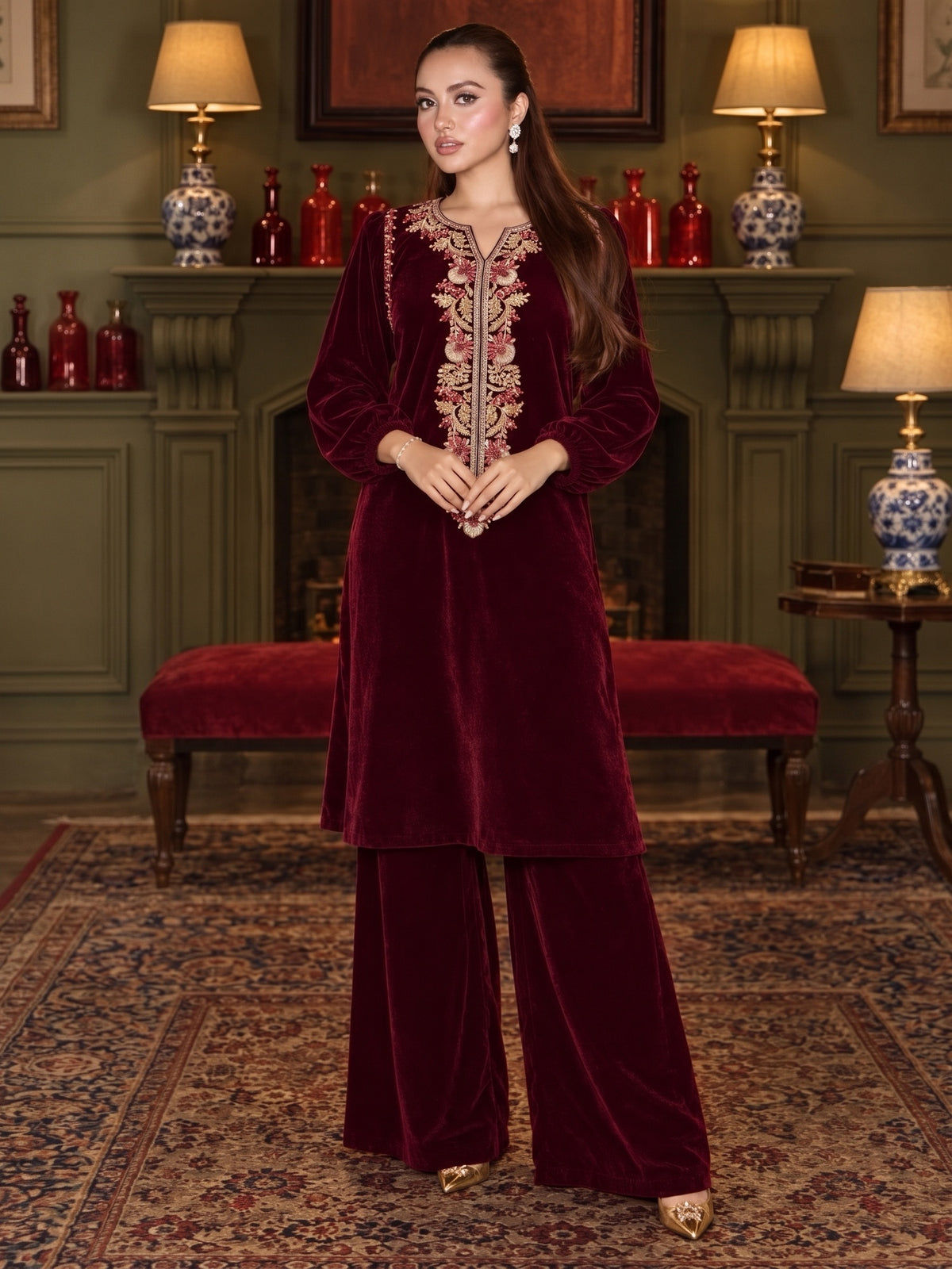 Raniya.H "Mehr-e-Noor" Velvet 2-Piece Suit - Maroon