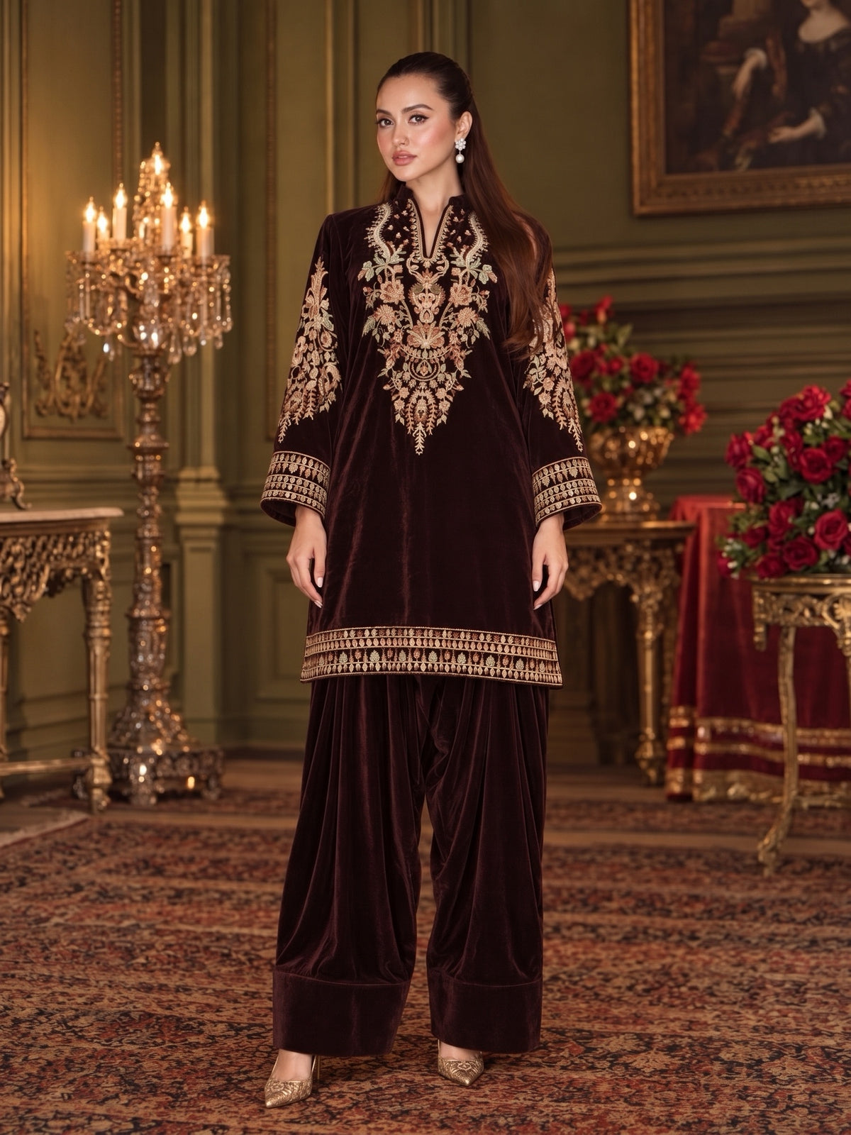 Raniya.H "Mehr-e-Noor" Velvet 2-Piece Suit - Brown