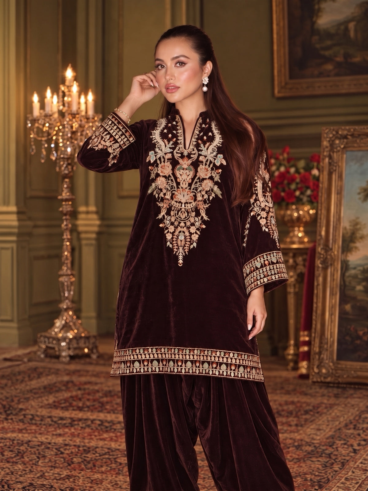 Raniya.H "Mehr-e-Noor" Velvet 2-Piece Suit - Brown