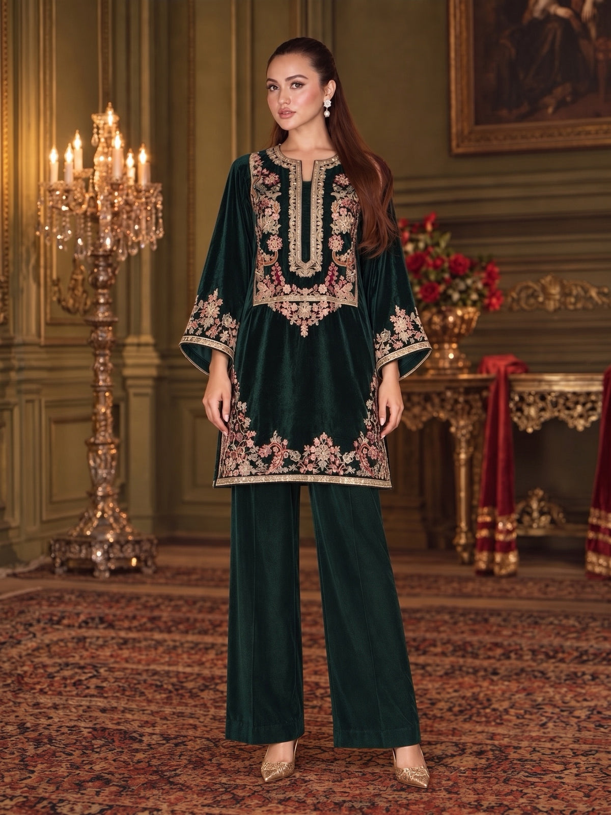 Raniya.H "Mehr-e-Noor" Velvet 2-Piece Suit - Bottle Green
