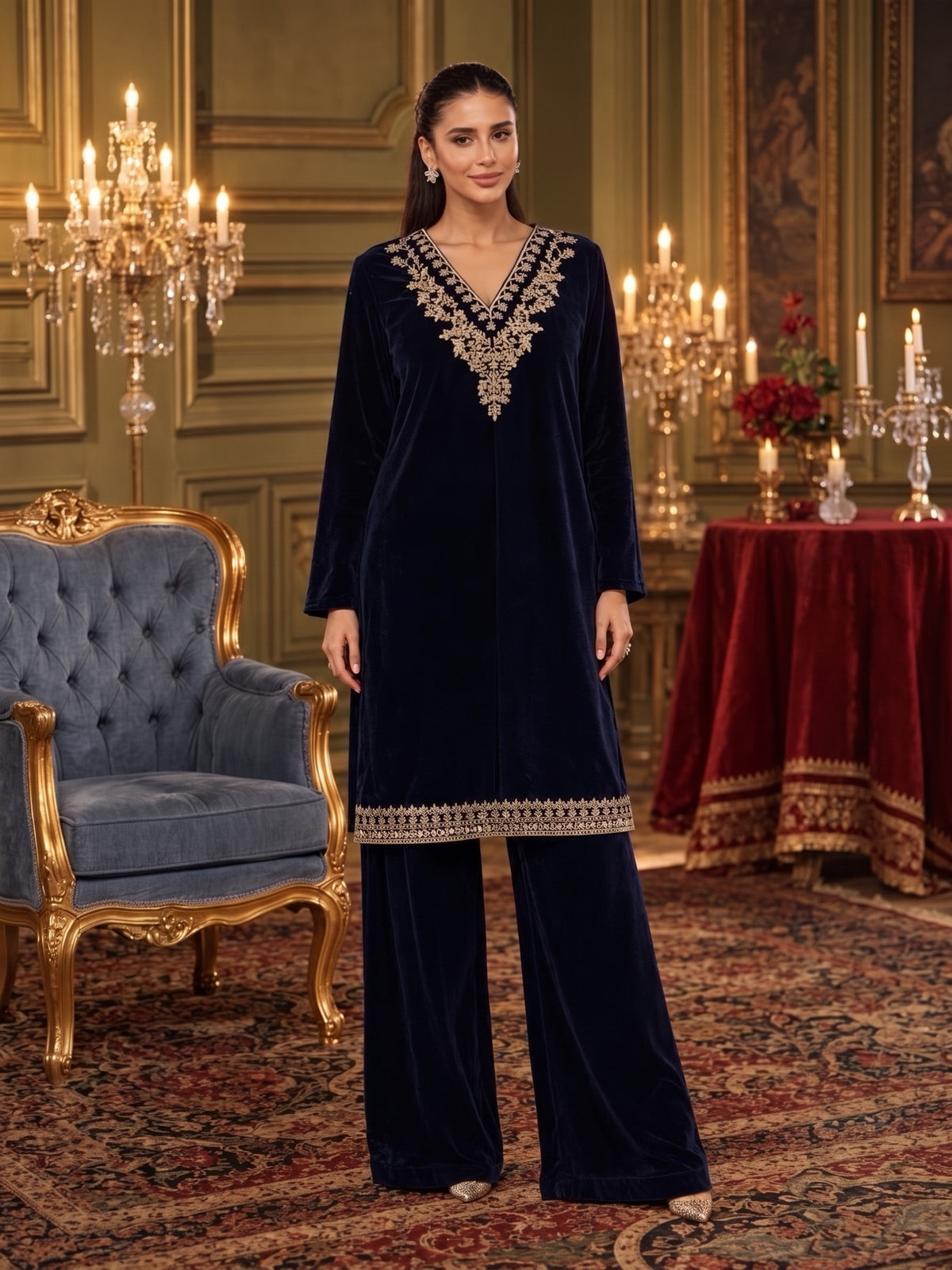 Raniya.H "Mehr-e-Noor" Velvet 2-Piece Suit - Navy