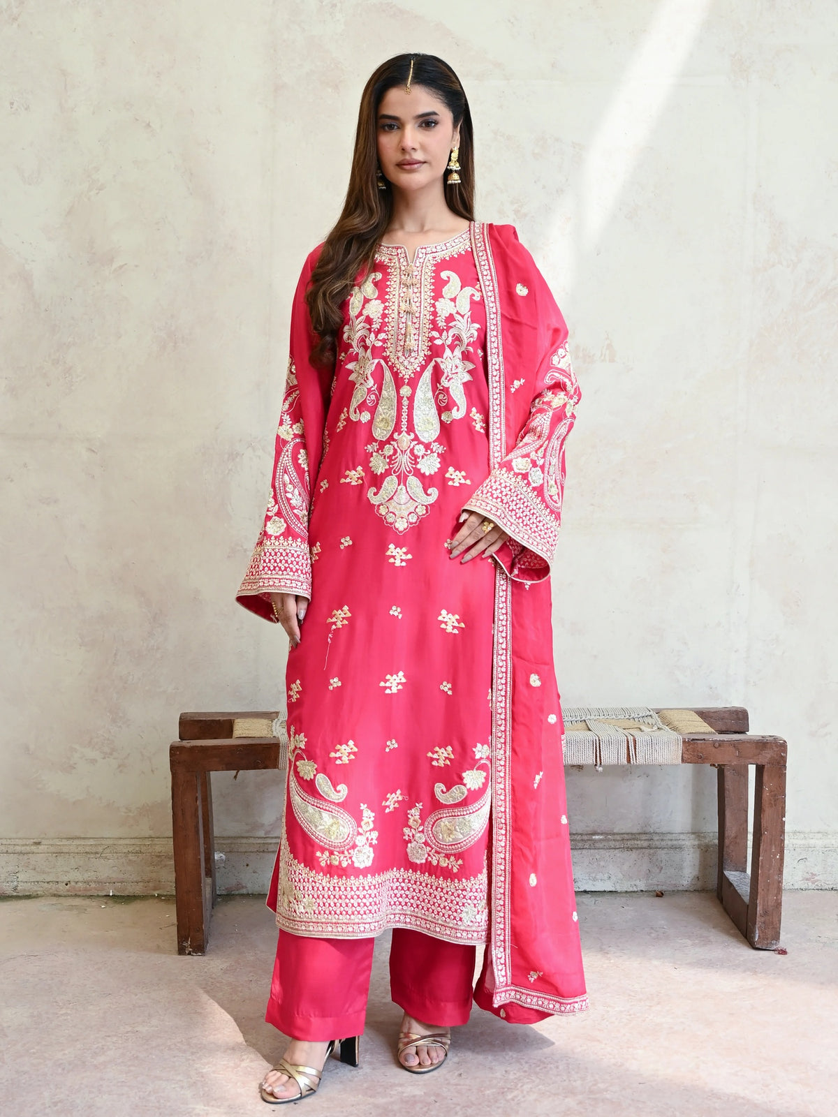Ruby Pink Embroidered Raw Silk 3-Piece Suit (D04)