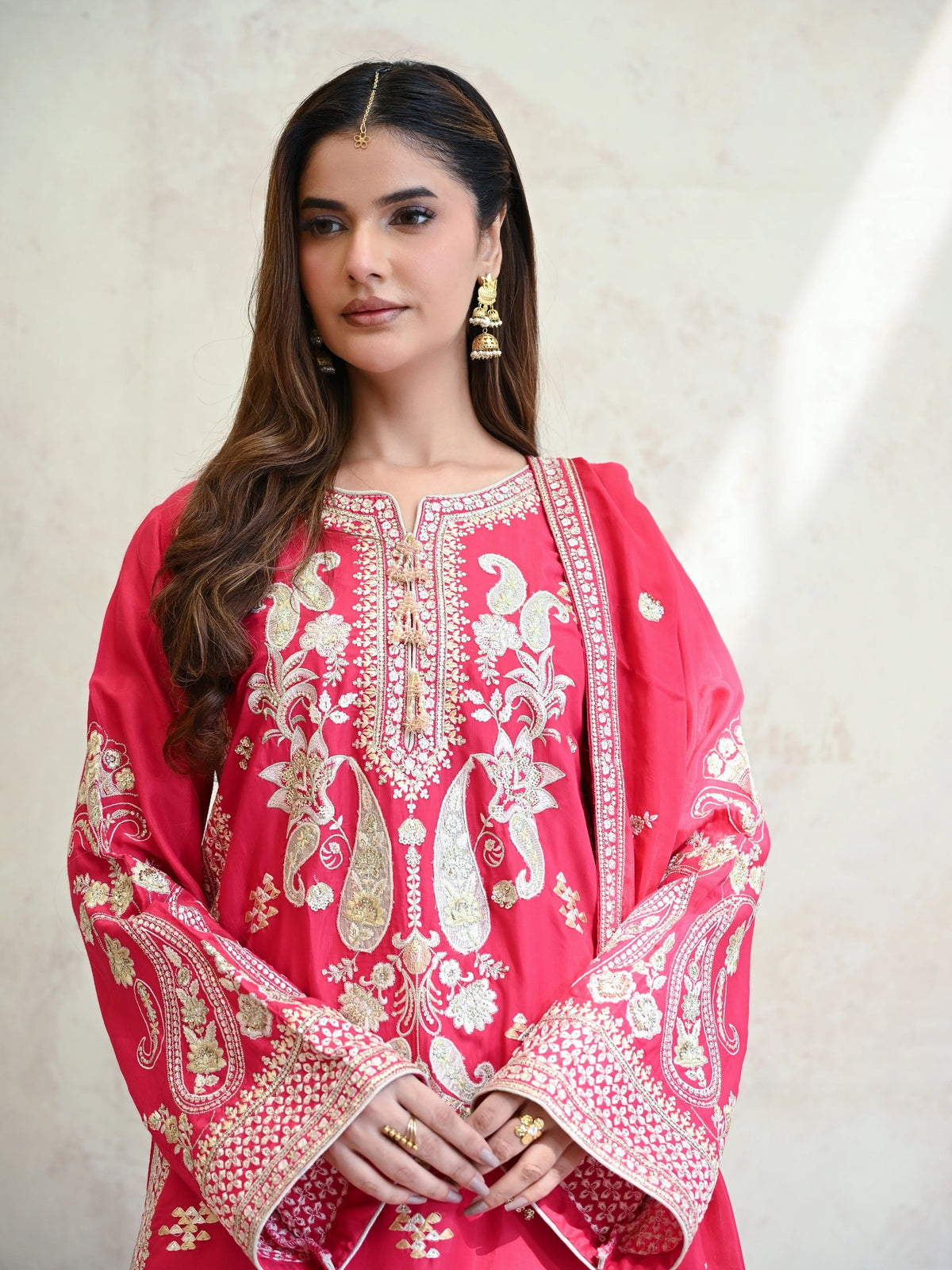 Ruby Pink Embroidered Raw Silk 3-Piece Suit (D04)