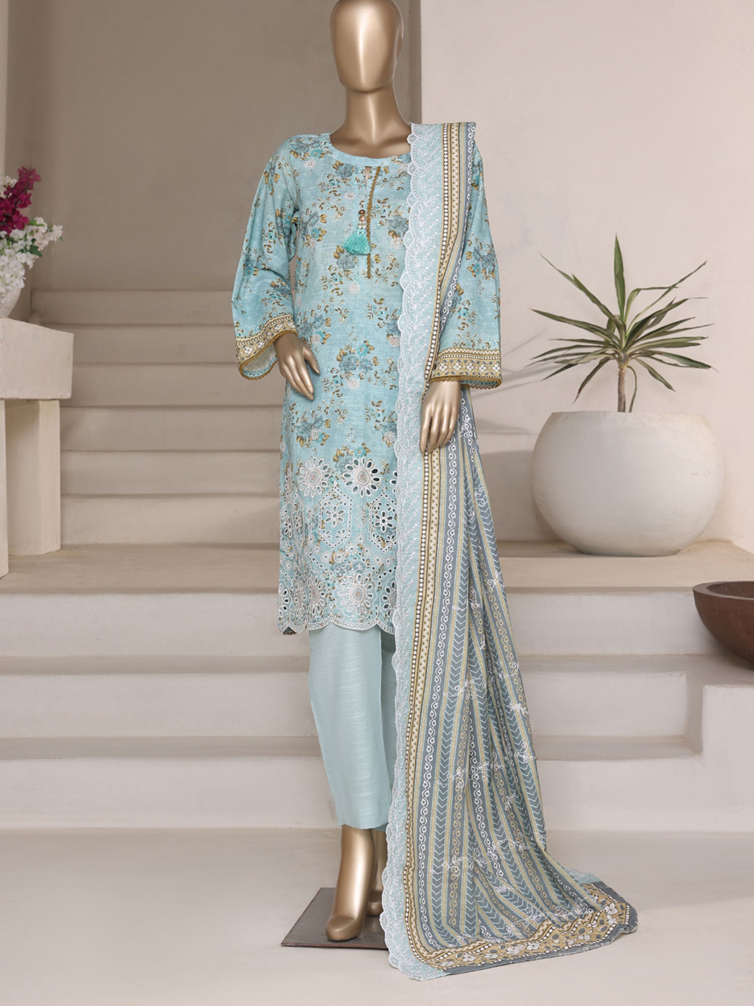 Blue Embroidered Winter Khaddar 3-Piece Suit