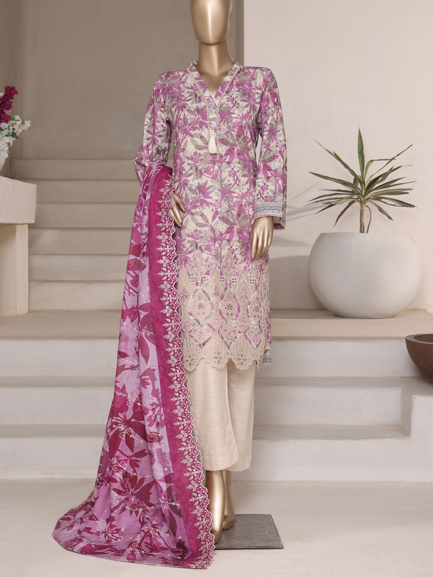 Pink & Beige Embroidered Winter Khaddar 3-Piece Suit