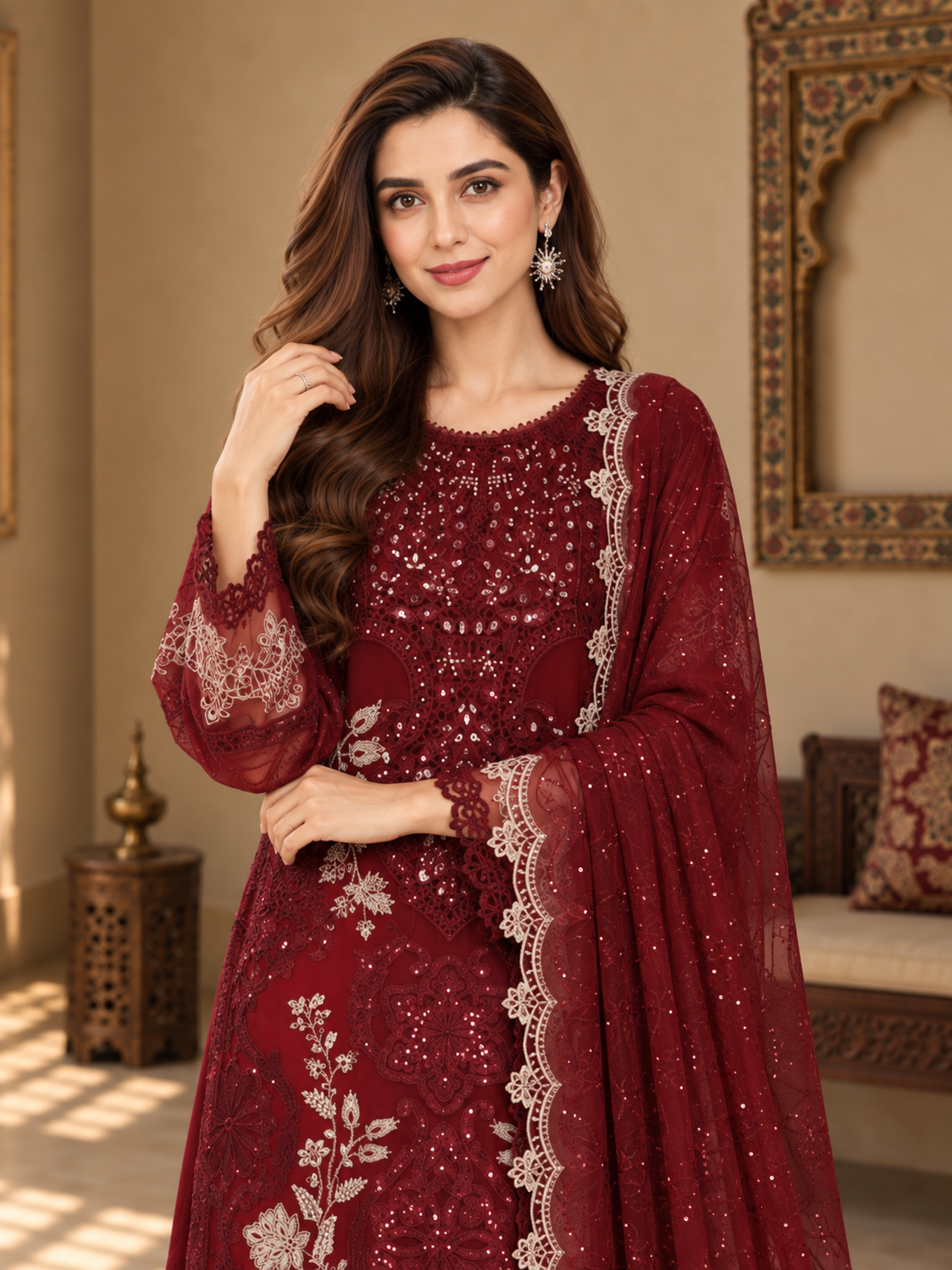 MOMINA "Leher" Embroidered Chiffon 3-Piece Suit - Burgundy
