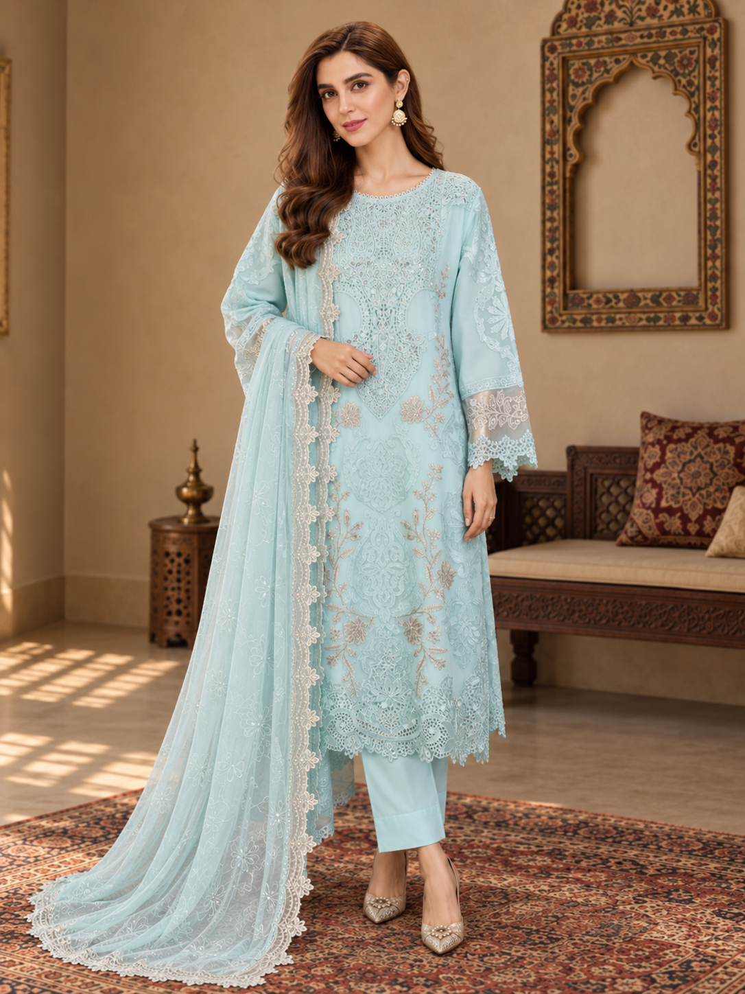 MOMINA "Leher" Embroidered Chiffon 3-Piece Suit - Powder Blue