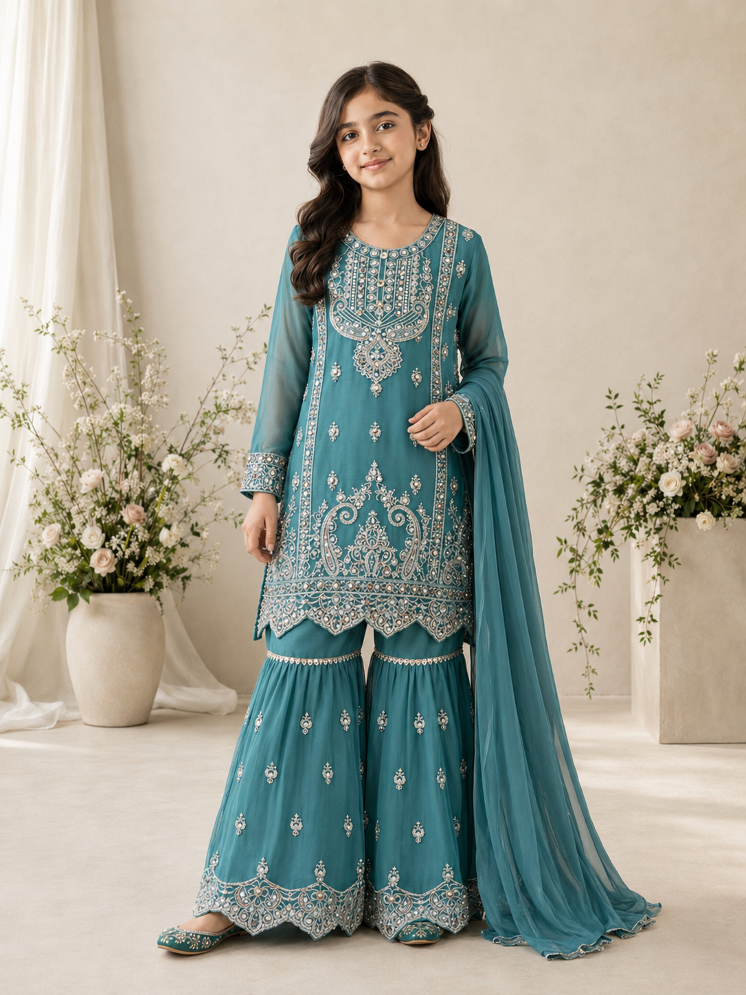 Girls Chiffon Embroidered Gharara Suit - Aqua